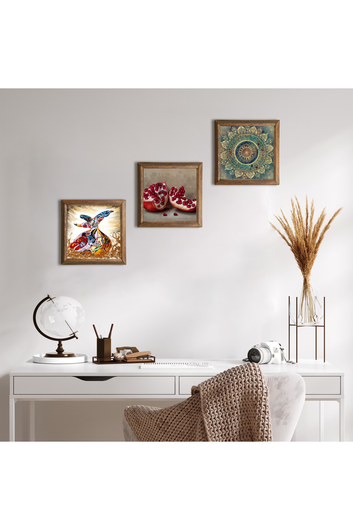 Mandala, Semazen, Nar Taş Duvar Tablosu Ahşap Çerçeveli Duvar Dekoru 3 Parça Tablo Seti Wall Art