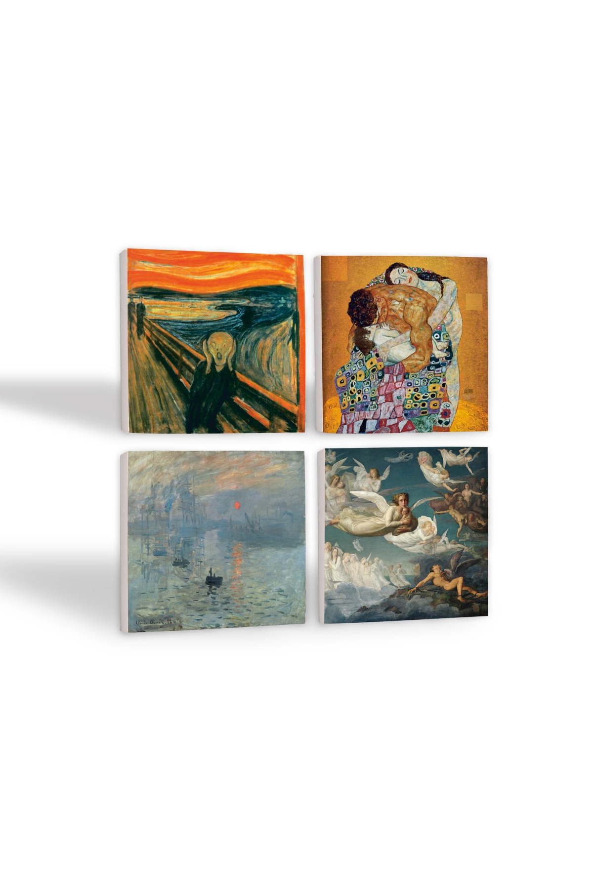 Monet Gün Doğumu, Çığlık, Klimt Aile Kucaklama, Ruhların Geçişi Taş Bardak Altlığı Masaüstü Koruyucu Altlık 4 Parça Set 10x10cm Stone Coasters