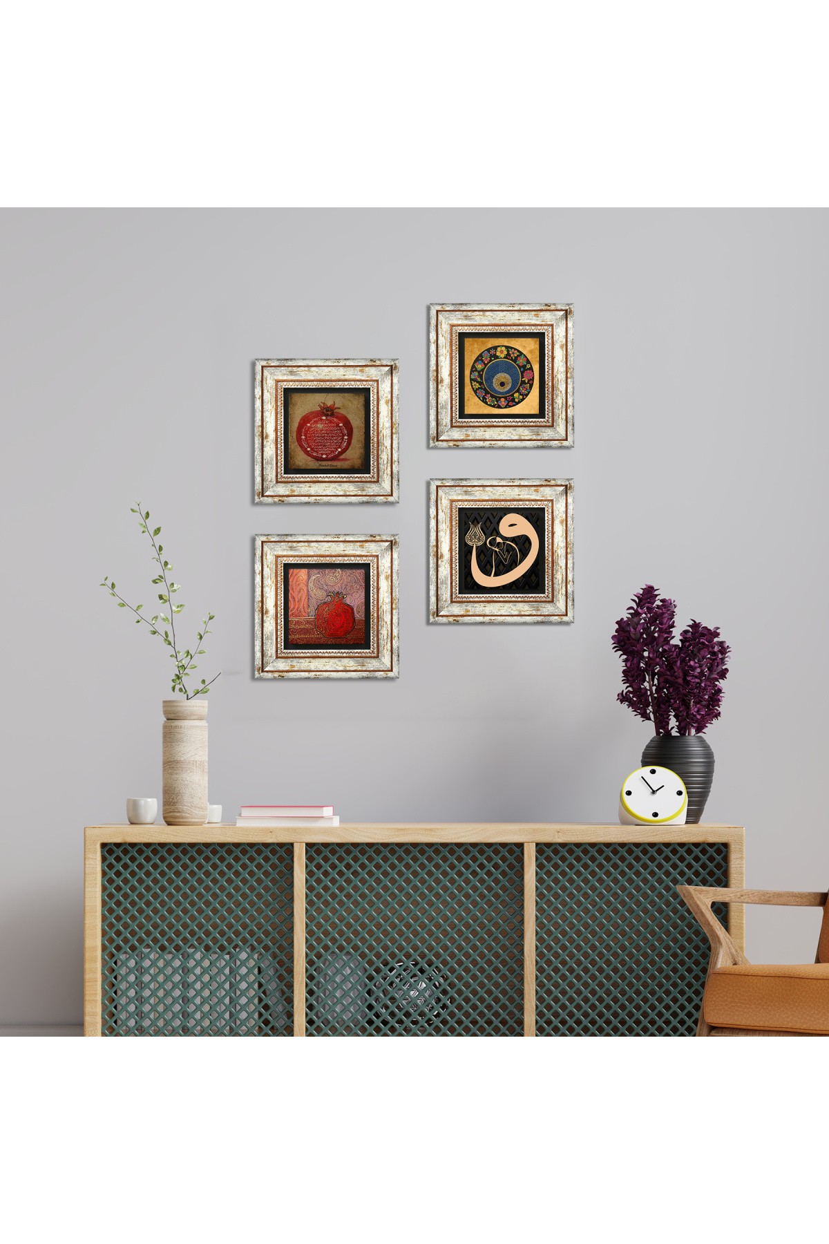 Vav, Nazar, Nar, Bereket Duası Taş Duvar Tablosu Çerçeveli Duvar Dekoru 4 Parça Tablo Seti Wall Art