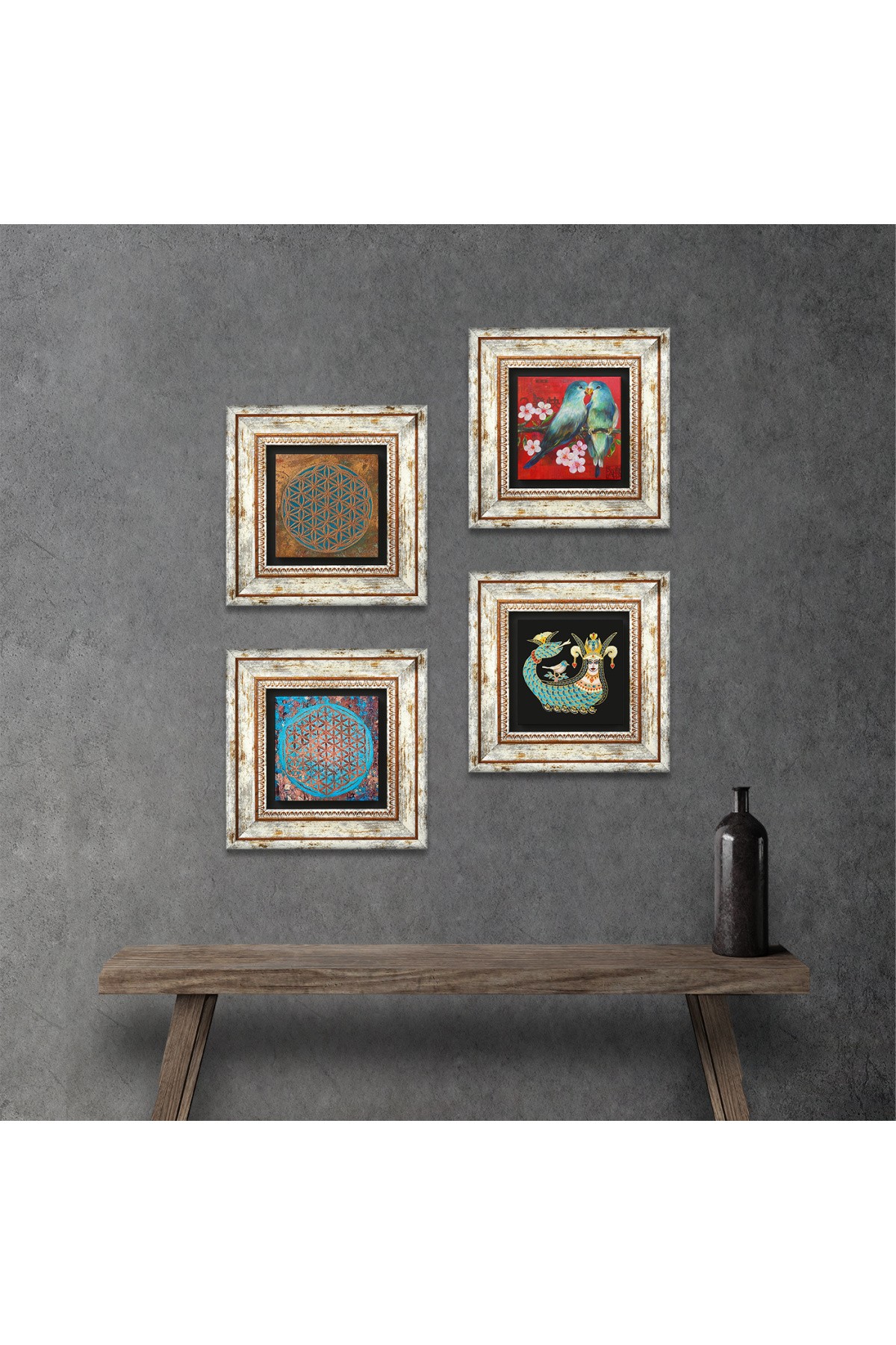 Bird, Flower of Life, Shahmaran Stone Wall Painting Framed Wall Decor 4 Piece Painting Set Wall Art