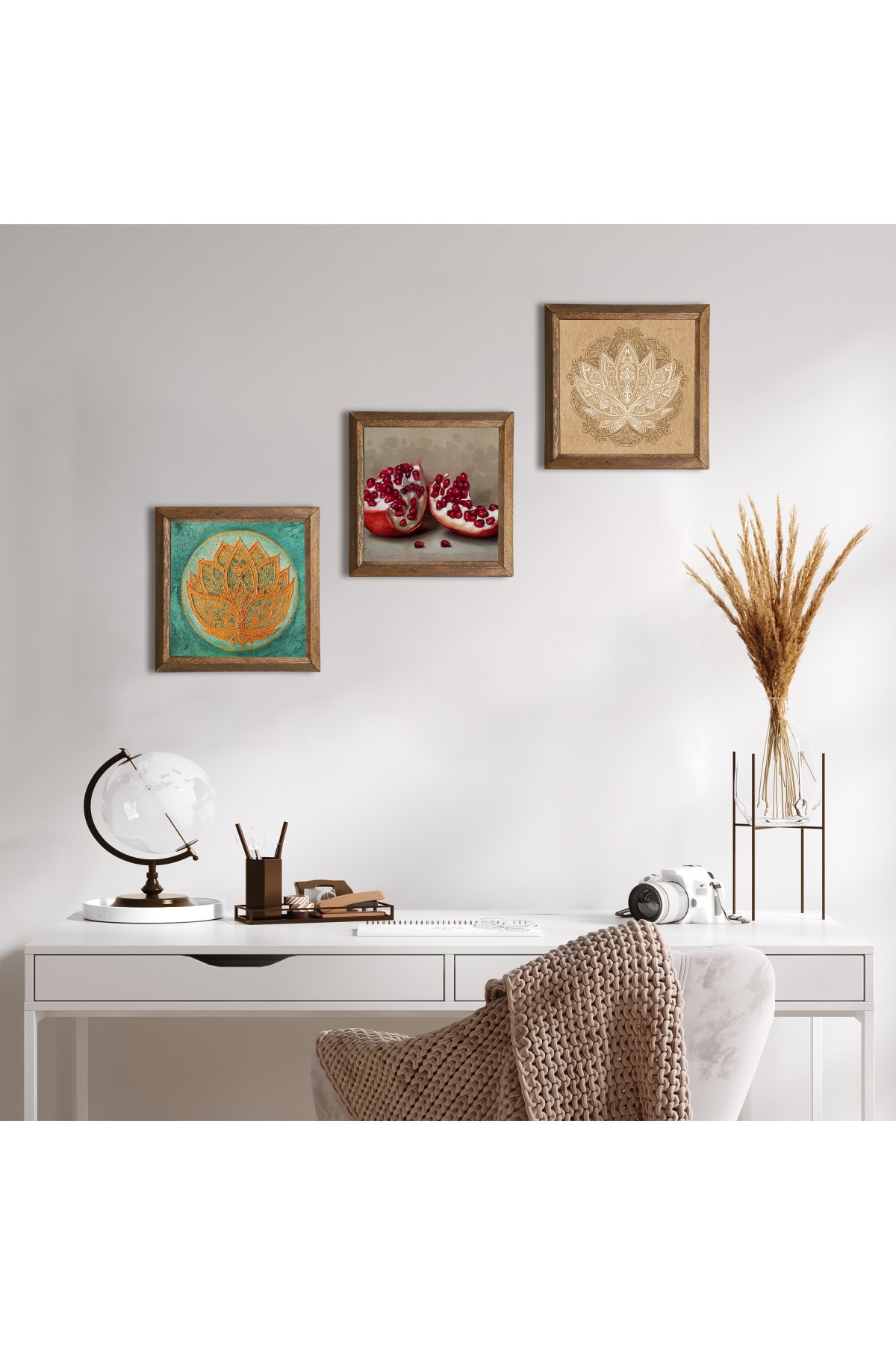 Lotus Çiçeği, Nar Taş Duvar Tablosu Ahşap Çerçeveli Duvar Dekoru 3 Parça Tablo Seti Wall Art