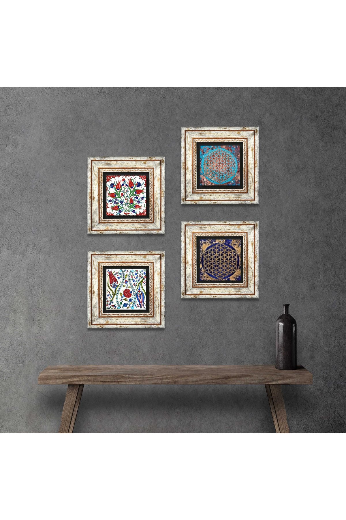 Tulip, Flower of Life Stone Wall Painting Framed Wall Decor 4 Piece Painting Set Wall Art