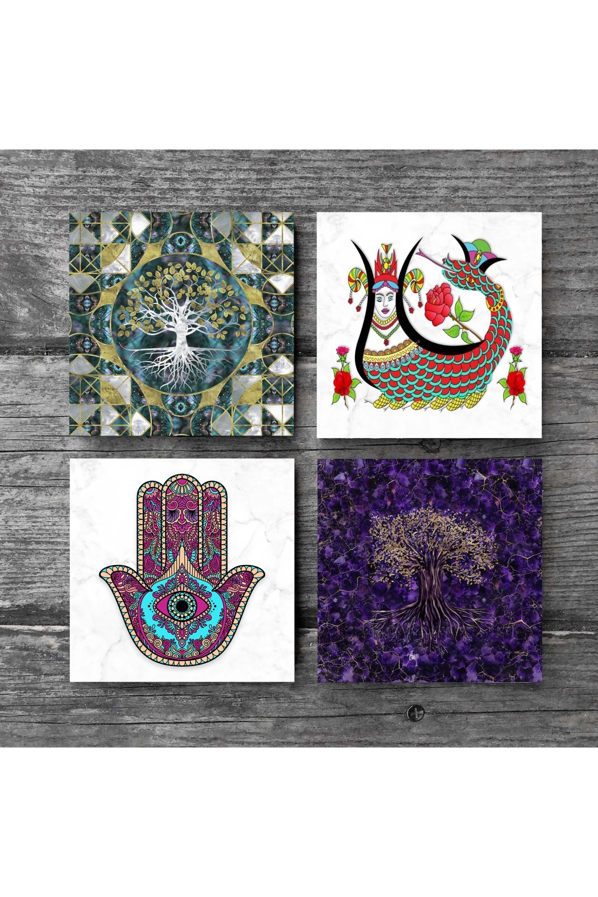 Tree of Life, Mother of Fatima Hand (Hamsa), Shahmeran Stone Coaster Desktop Protective Coaster 4 Piece Set 10x10cm Stone Coasters