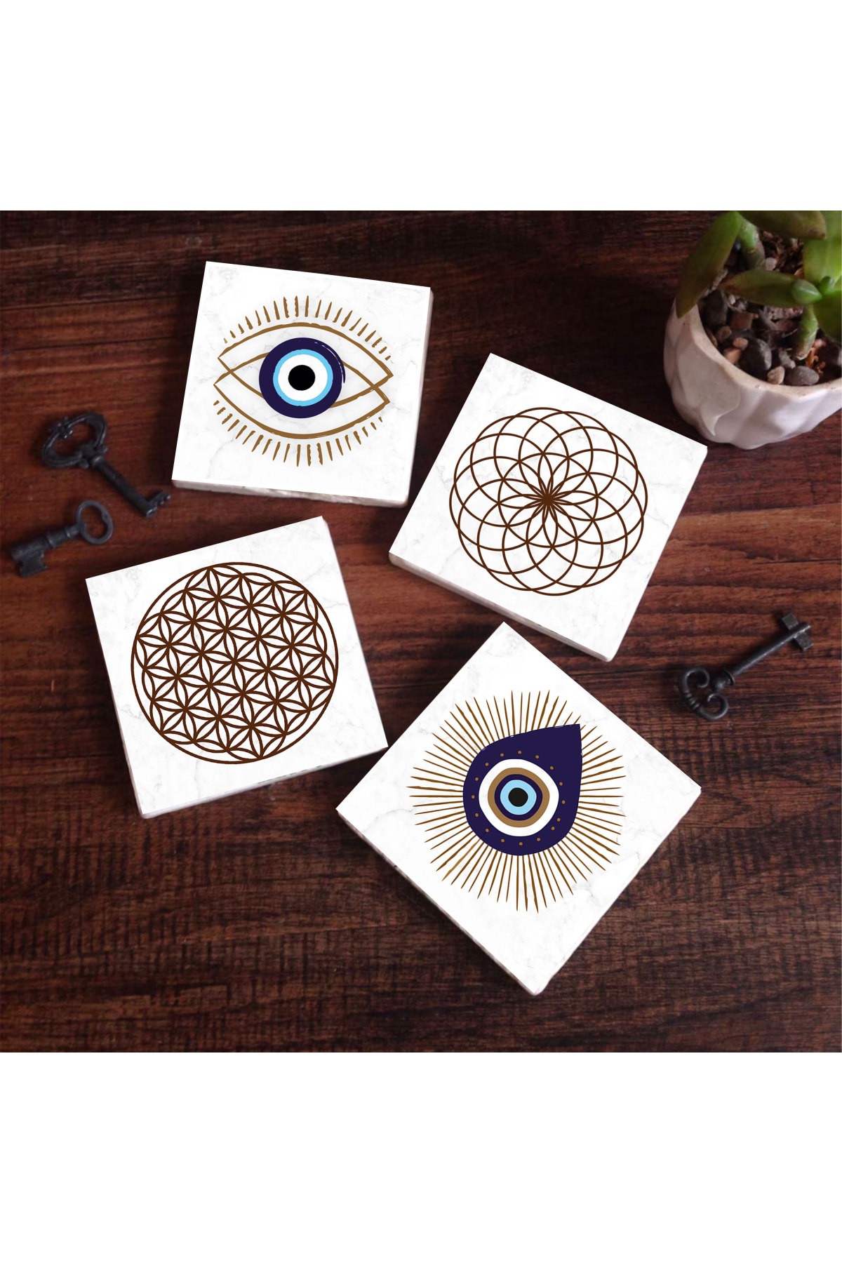 Evil Eye, Flower of Life Stone Coasters Desktop Protective Coasters 4 Piece Set 10x10cm Stone Coasters