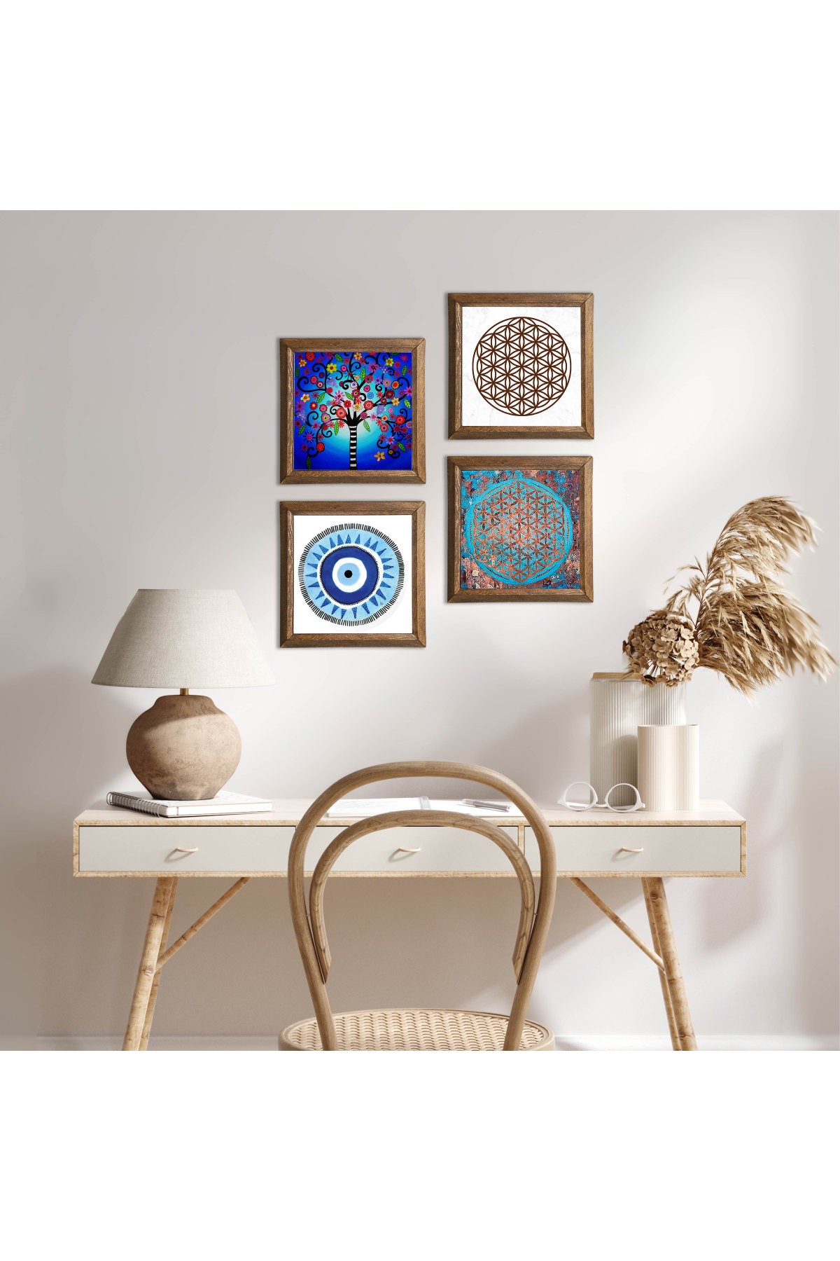 Evil Eye, Flower of Life, Tree of Life Stone Wall Painting Wooden Framed Wall Decor 4 Piece Painting Set Wall Art