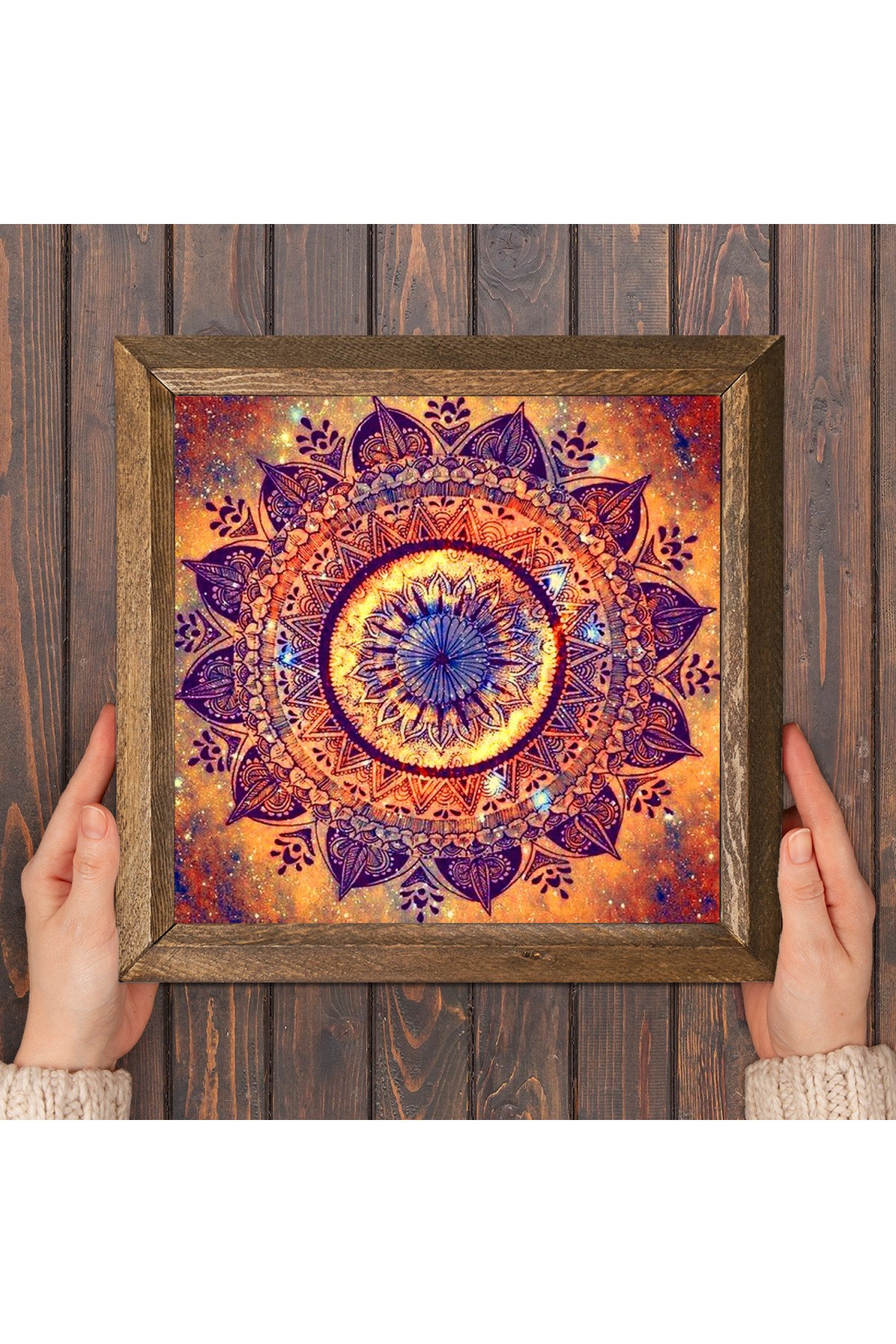 Mandala Taş Duvar Tablosu Ahşap Çerçeveli Duvar Dekoru Wall Art 25x25cm