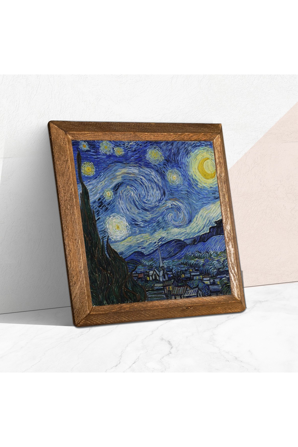 Vincent van Gogh Starry Night Stone Wall Painting Wood Framed Wall Decor Wall Art 25x25cm