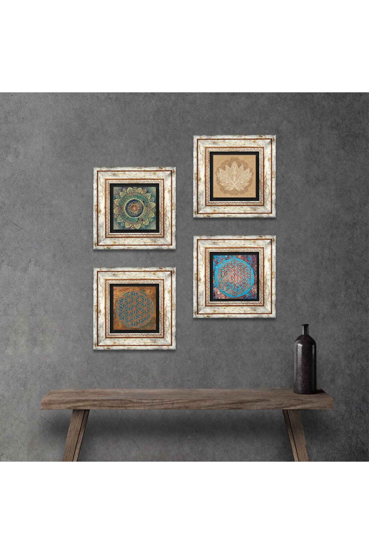 Mandala, Yaşam Çiçeği, Lotus Çiçeği Taş Duvar Tablosu Çerçeveli Duvar Dekoru 4 Parça Tablo Seti Wall Art