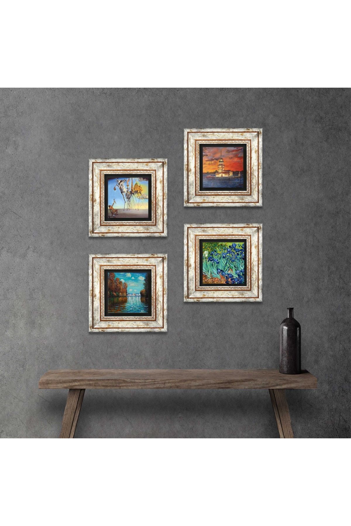 Salvador Dalí, Claude Monet, Van Gogh, Istanbul Maiden's Tower Stone Wall Painting Framed Wall Decor 4 Piece Painting Set Wall Art