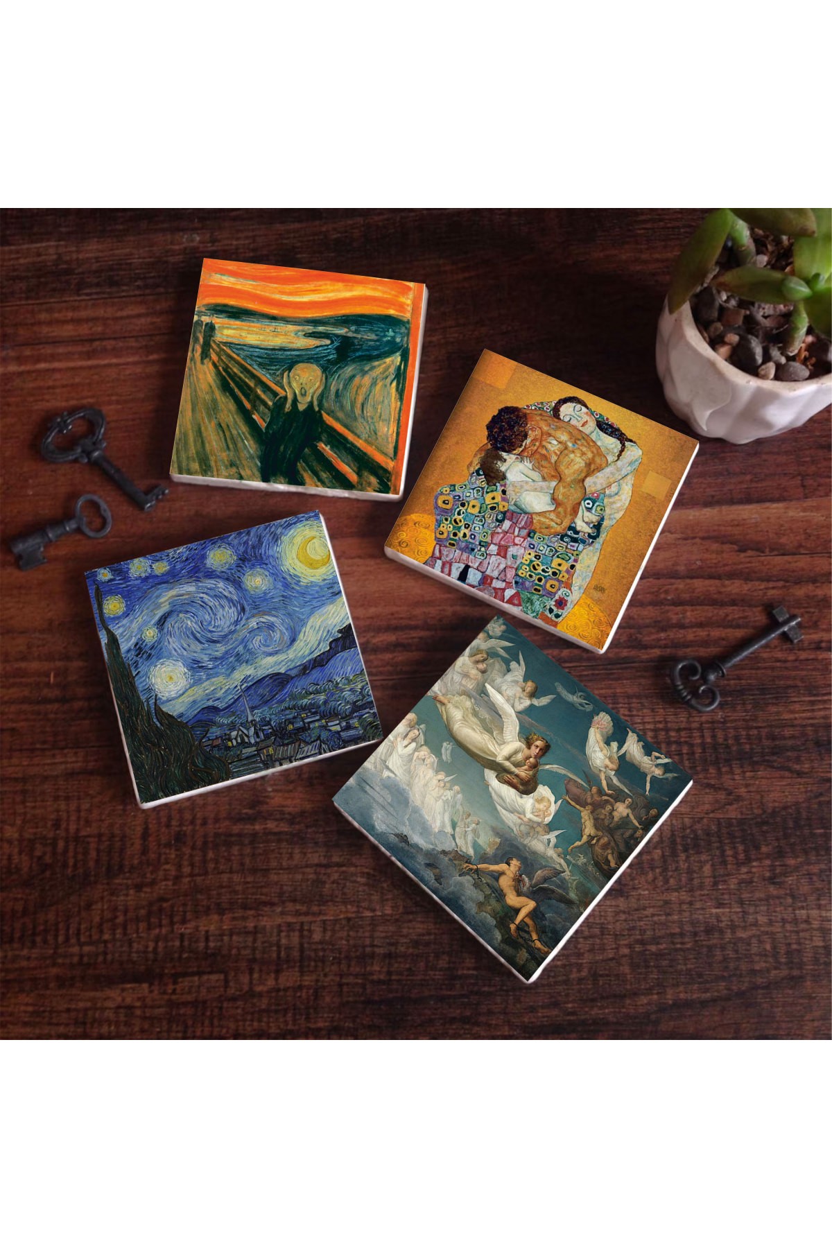 Çığlık, Van Gogh Yıldızlı Gece, Klimt Aile Kucaklama, Ruhların Geçişi Taş Bardak Altlığı Masaüstü Koruyucu Altlık 4 Parça Set 10x10cm Stone Coasters