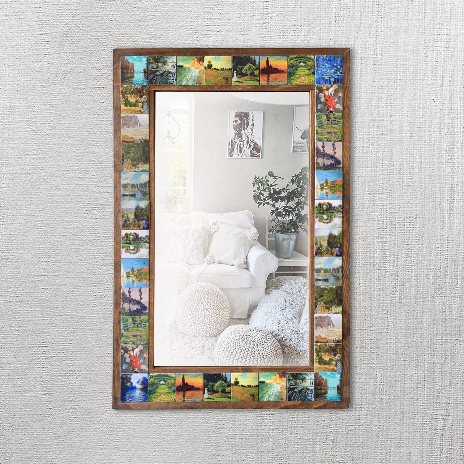 Monet Taş Duvar Aynası, Ahşap Çerçeveli Dekoratif Ayna, Salon Konsol Boy Aynası, Wall Mirror