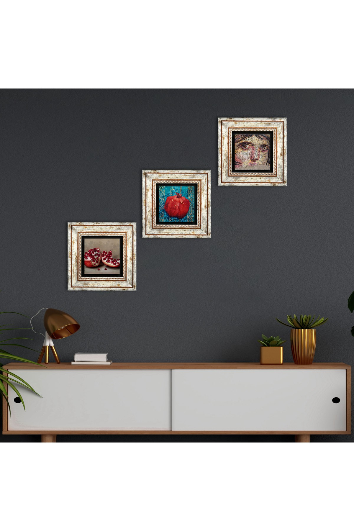 Çingene Kızı Mozaiği, Nar Taş Duvar Tablosu Çerçeveli Duvar Dekoru 3 Parça Tablo Seti Wall Art