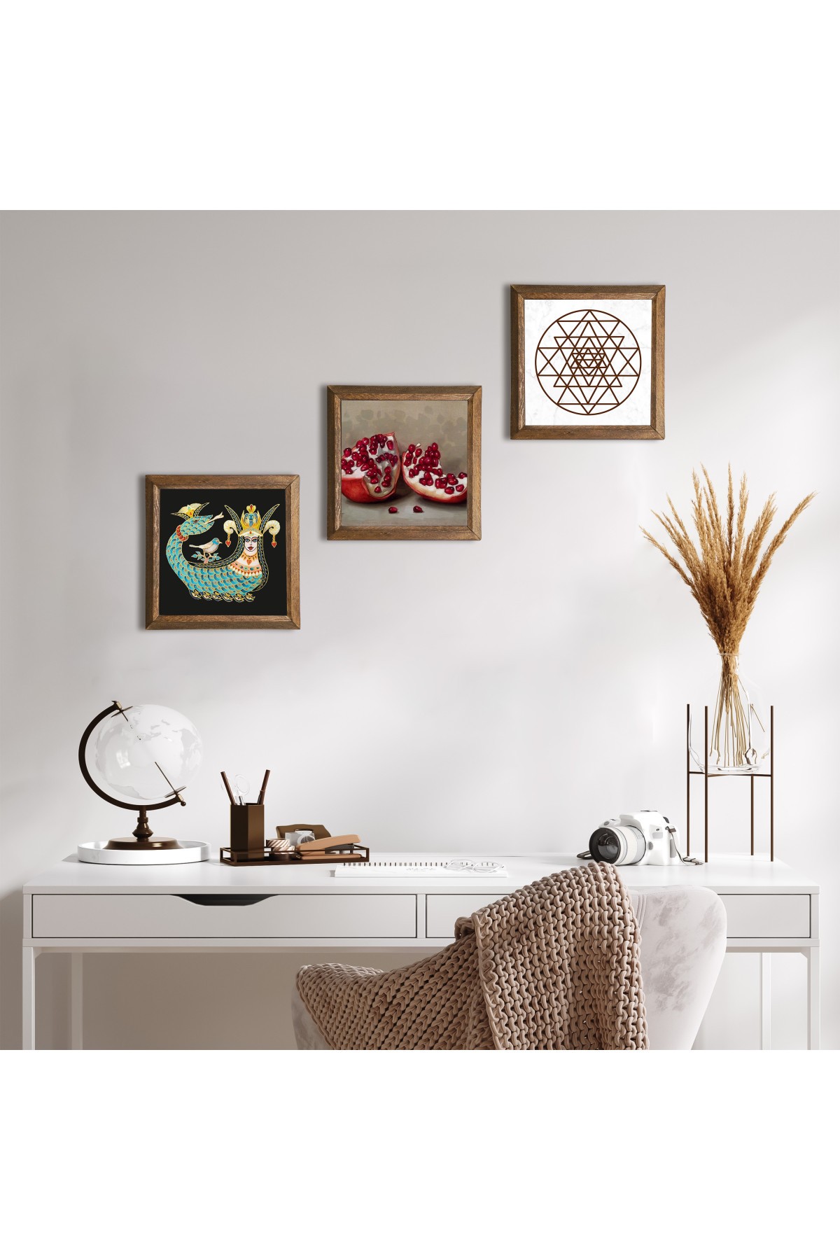 Sri Yantra, Şahmeran, Nar Taş Duvar Tablosu Ahşap Çerçeveli Duvar Dekoru 3 Parça Tablo Seti Wall Art