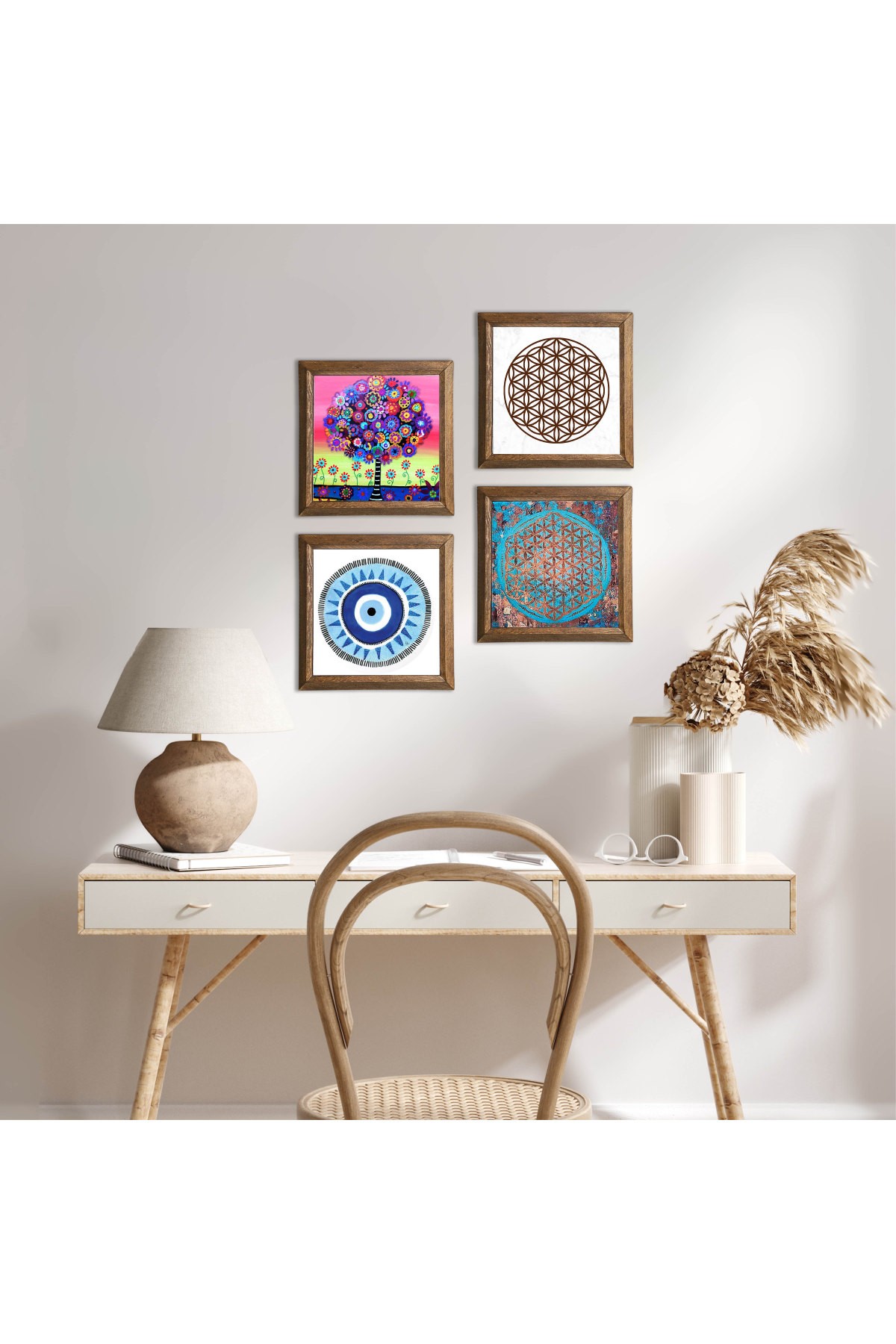 Evil Eye, Flower of Life, Tree of Life Stone Wall Painting Wooden Framed Wall Decor 4 Piece Painting Set Wall Art