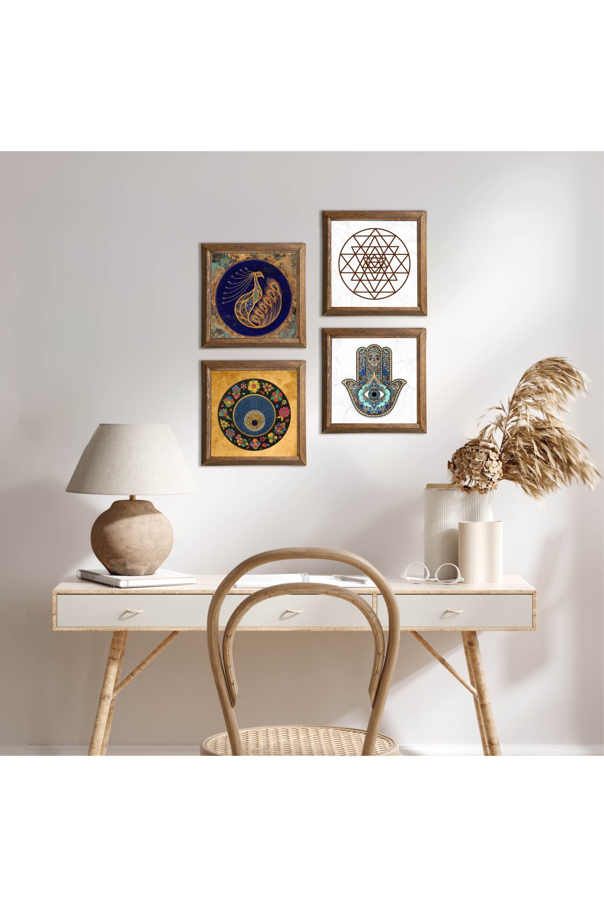 Tavus Kuşu, Sri Yantra, Nazar, Fatma Ana Eli (Hamsa) Taş Duvar Tablosu Ahşap Çerçeveli Duvar Dekoru 4 Parça Tablo Seti Wall Art