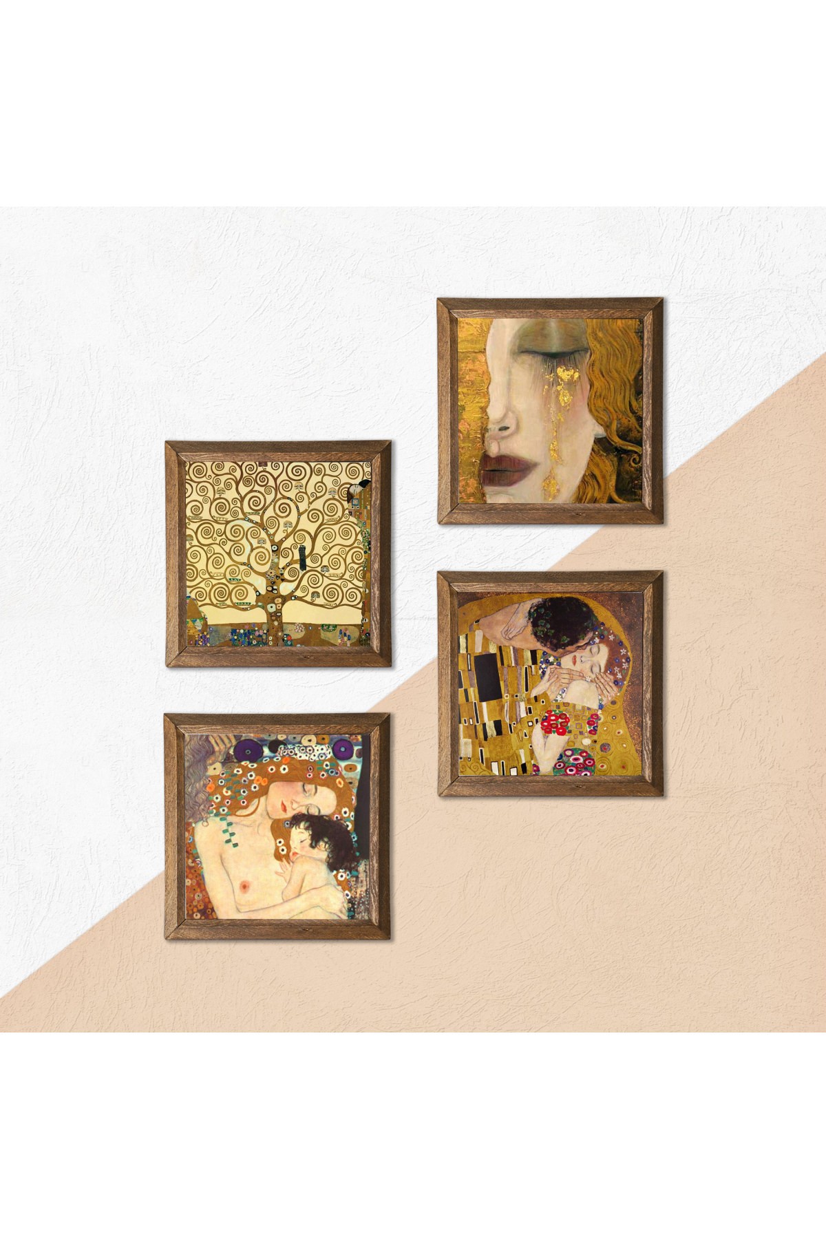 Gustav Klimt Altın Gözyaşları, Anne Çocuk, Öpücük, Hayat Ağacı Taş Duvar Tablosu Ahşap Çerçeveli Duvar Dekoru 4 Parça Tablo Seti Wall Art