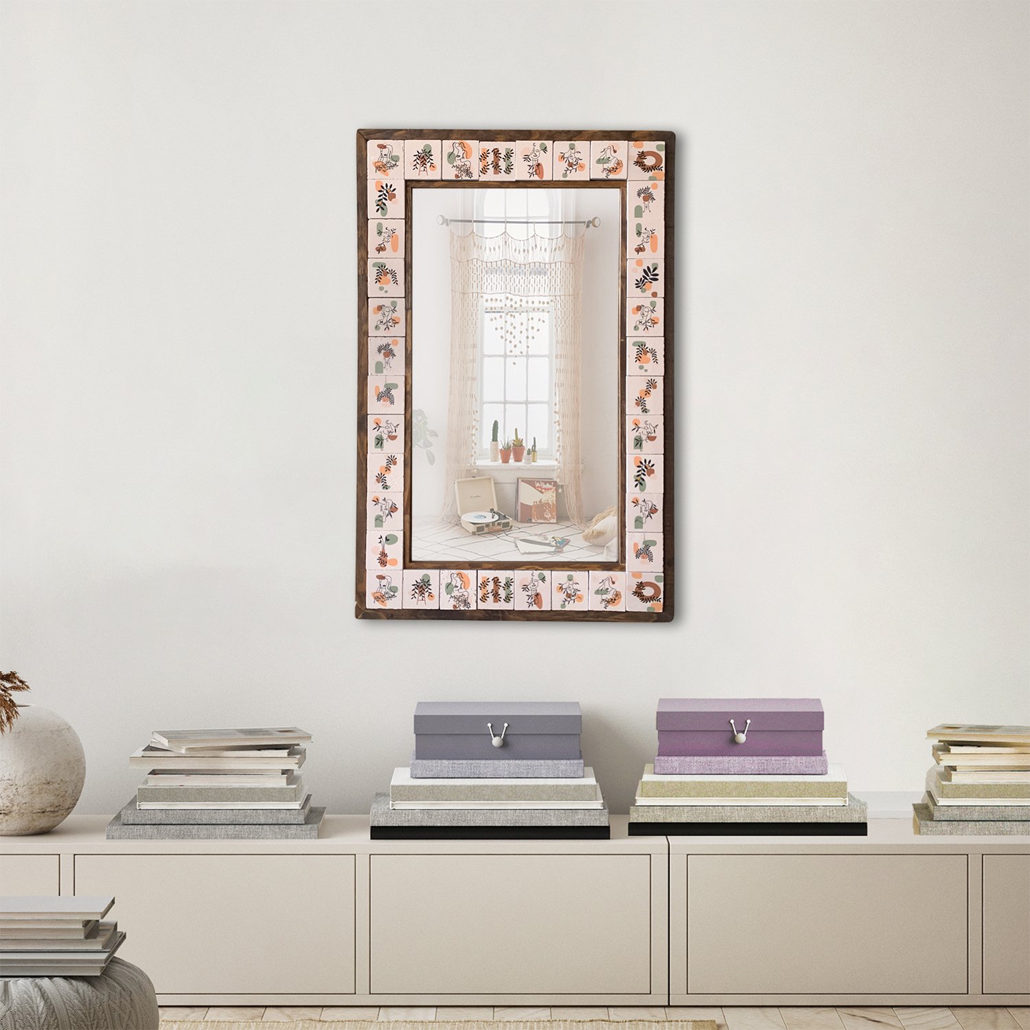 Bohemian Stone Wall Mirror, Wooden Framed Decorative Mirror, Living Room Console Full-length Mirror, Wall Mirror