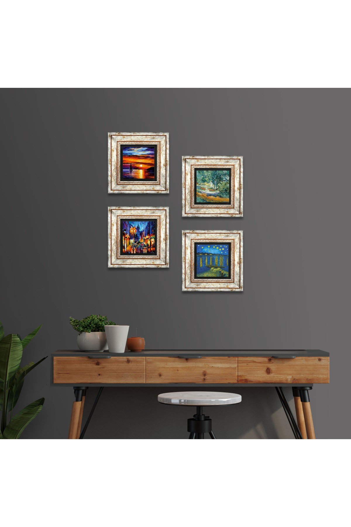 Van Gogh, Seascape, Street View Stone Wall Painting Framed Wall Decor 4 Piece Painting Set Wall Art