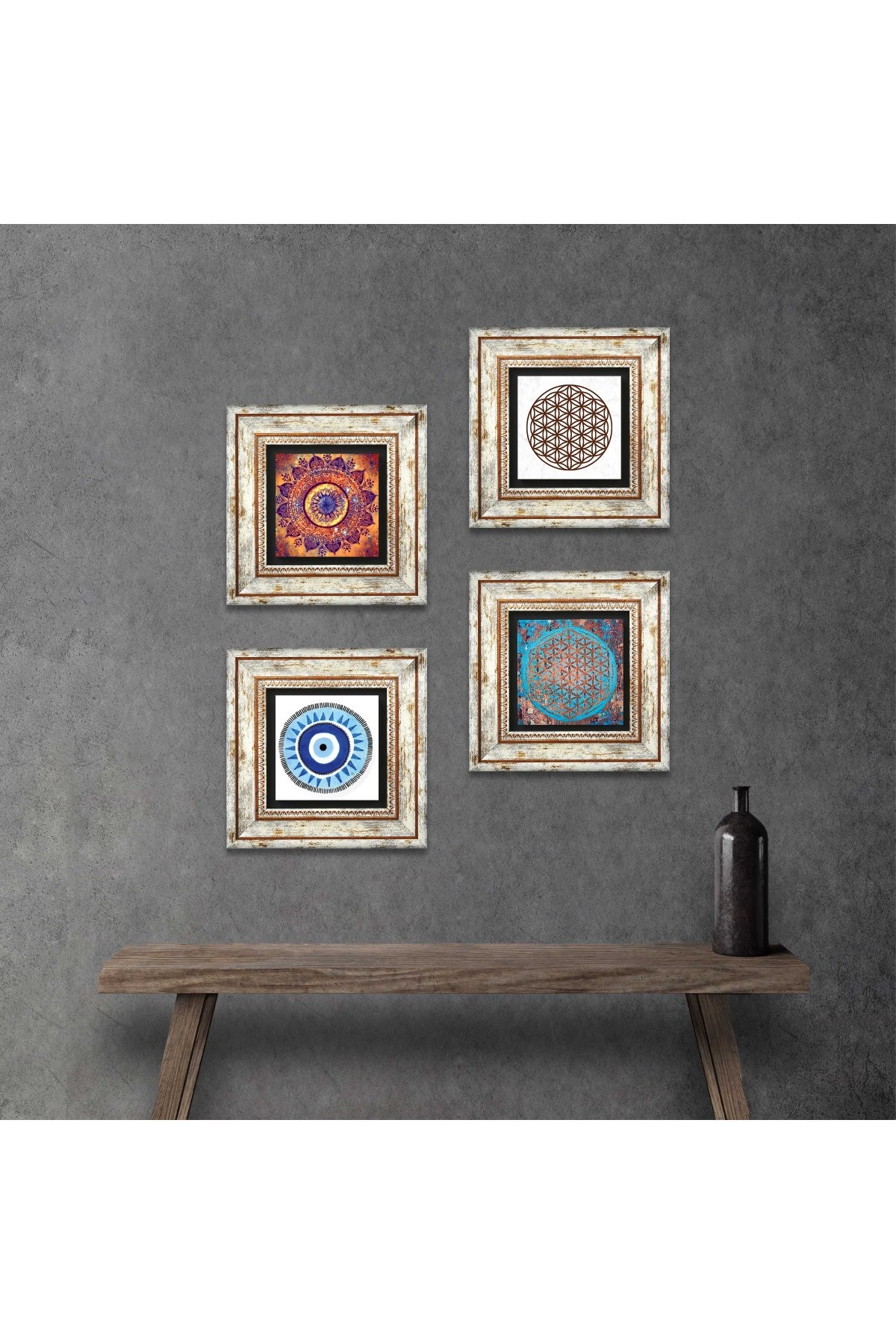 Nazar, Mandala, Yaşam Çiçeği Taş Duvar Tablosu Çerçeveli Duvar Dekoru 4 Parça Tablo Seti Wall Art