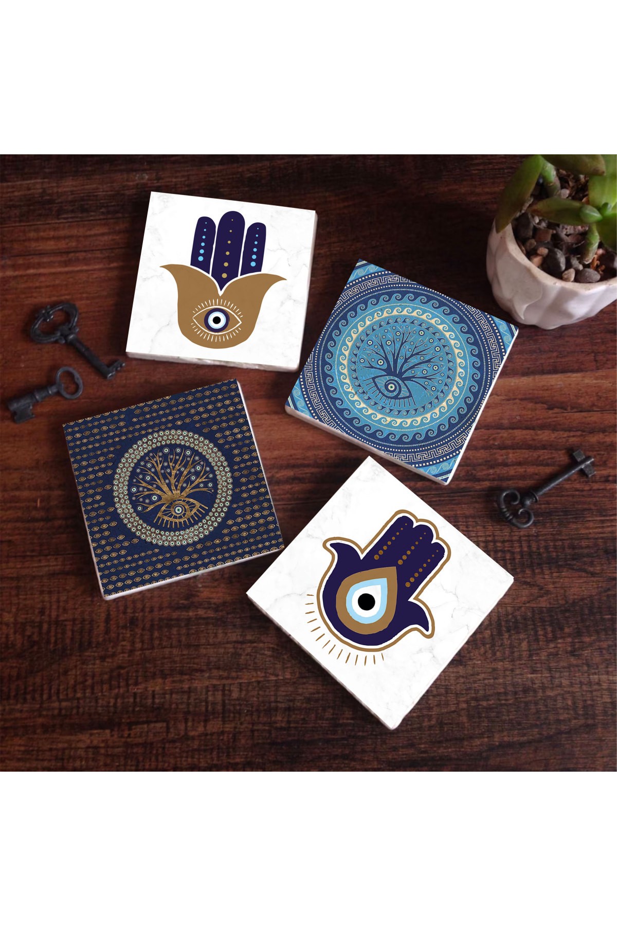 Fatma Ana Eli (Hamsa), Nazar Ağaç Taş Bardak Altlığı Masaüstü Koruyucu Altlık 4 Parça Set 10x10cm Stone Coasters