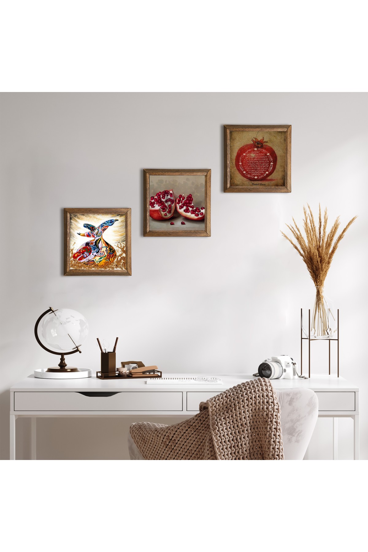 Fertility Prayer, Whirling Dervish, Pomegranate Stone Wall Painting Wooden Framed Wall Decor 3 Piece Painting Set Wall Art