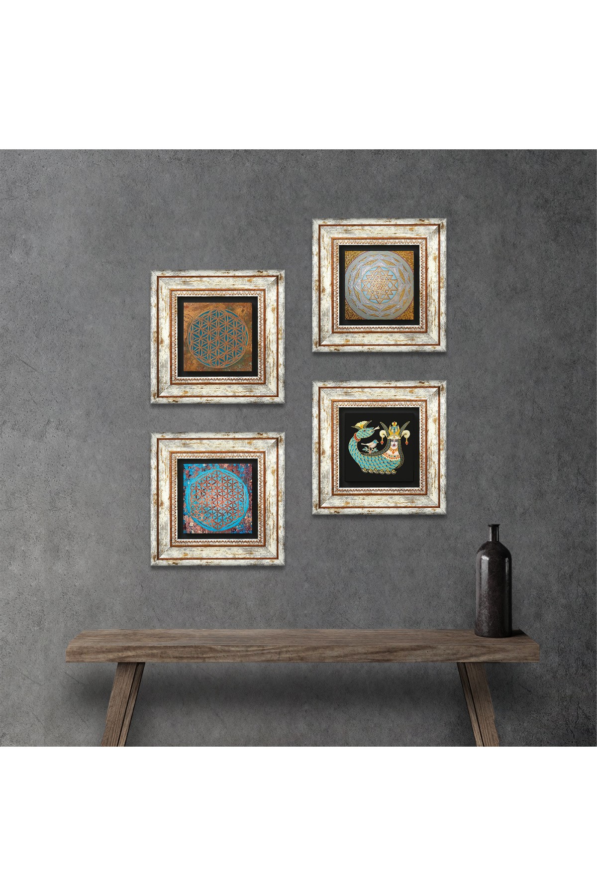 Flower of Life, Sri Yantra, Shahmaran Stone Wall Painting Framed Wall Decor 4 Piece Painting Set Wall Art