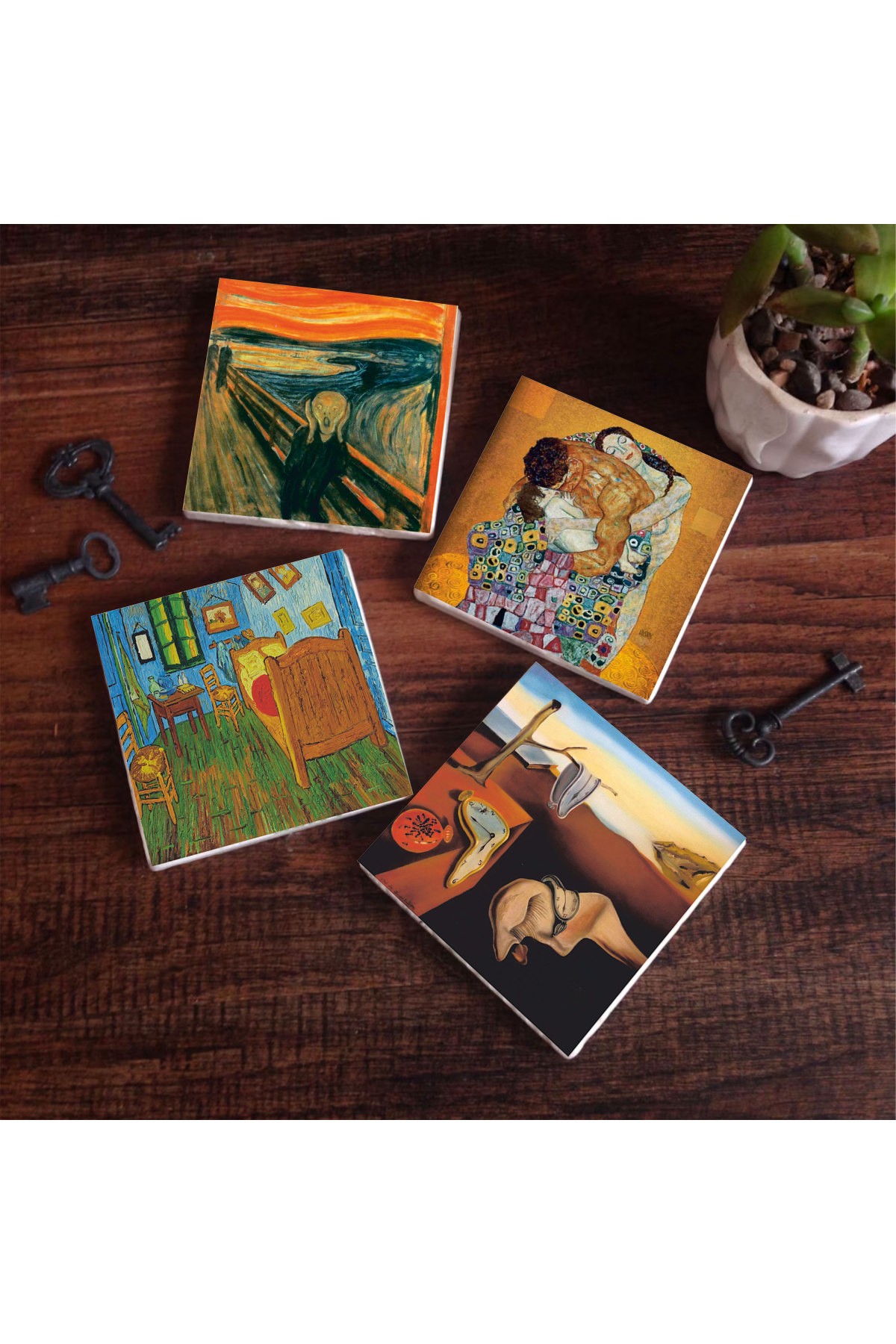 Dalí Belleğin Azmi, Van Gogh Yatak Odası, Çığlık, Klimt Aile Kucaklama Taş Bardak Altlığı Masaüstü Koruyucu Altlık 4 Parça Set 10x10cm Stone Coasters