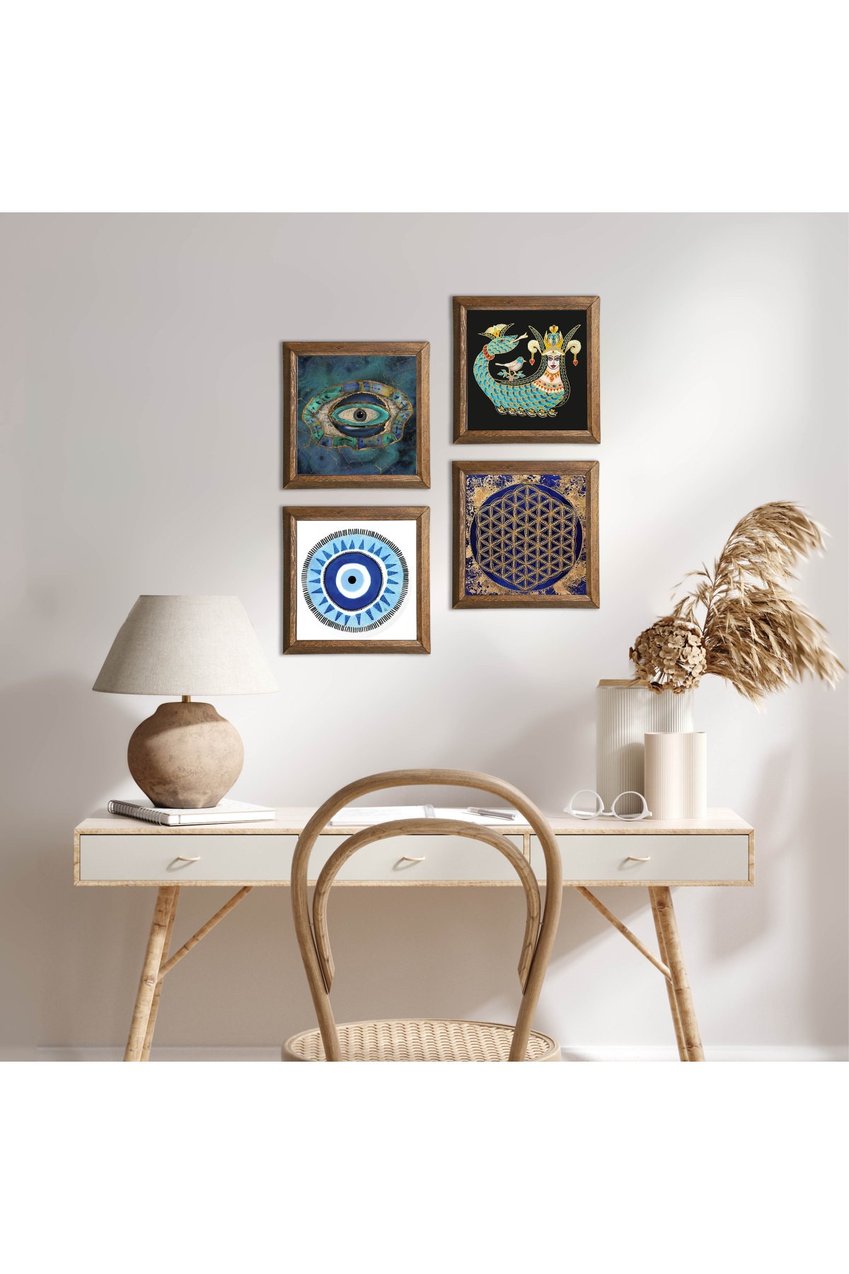 Evil Eye, Flower of Life, Shahmaran Stone Wall Painting Wooden Framed Wall Decor 4 Piece Painting Set Wall Art