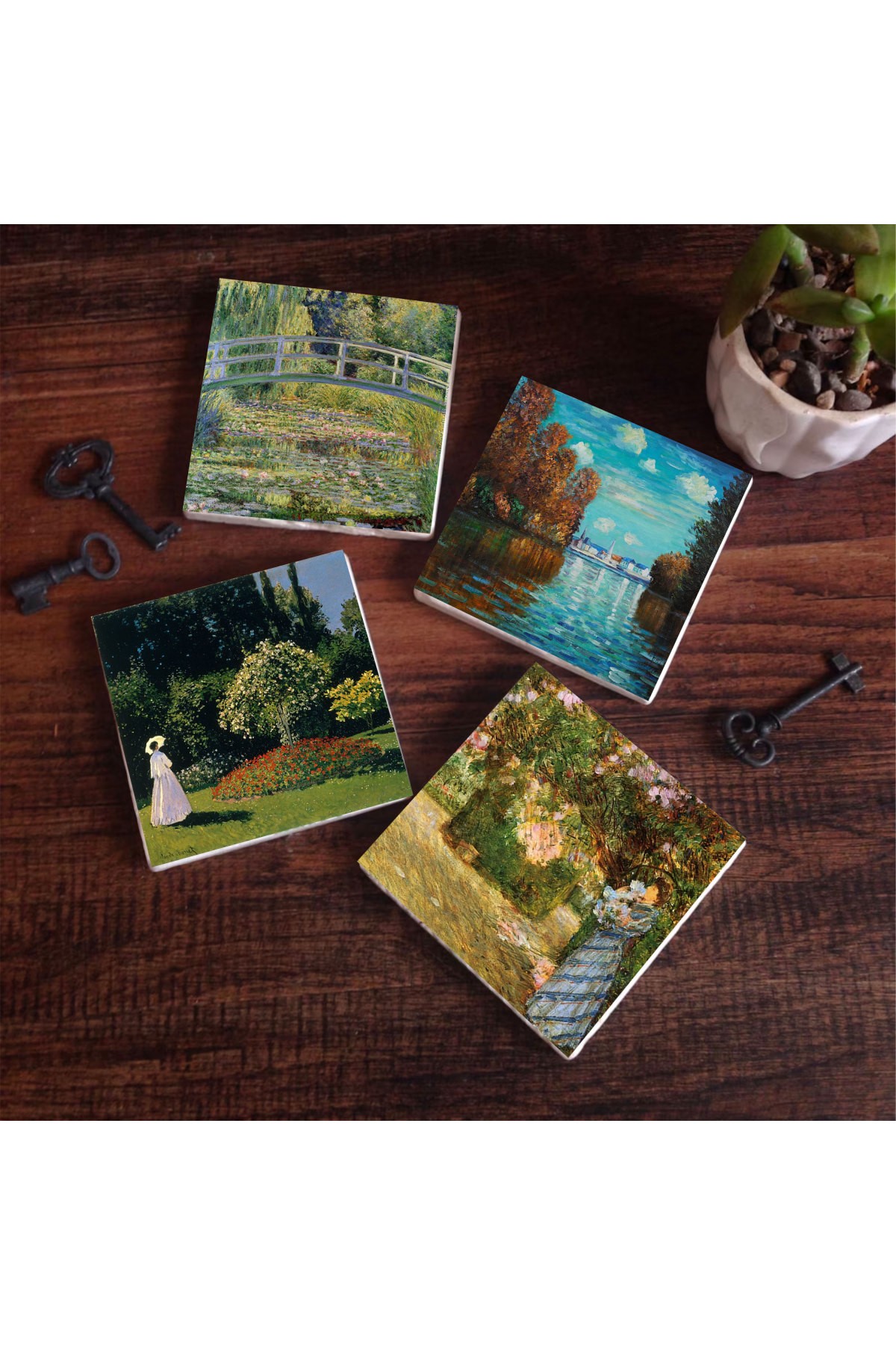 Claude Monet Sonbahar, Bahçede, Bahçedeki Kadın, Nilüfer Gölü Taş Bardak Altlığı Masaüstü Koruyucu Altlık 4 Parça Set 10x10cm Stone Coasters