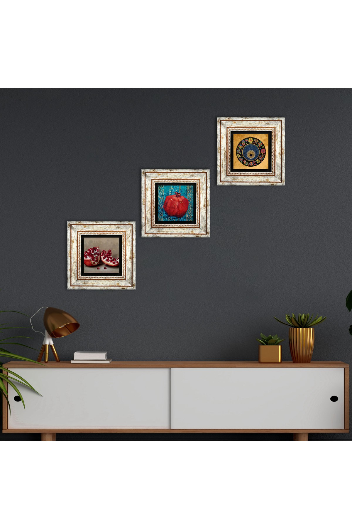 Nazar Boncuğu, Nar Taş Duvar Tablosu Çerçeveli Duvar Dekoru 3 Parça Tablo Seti Wall Art