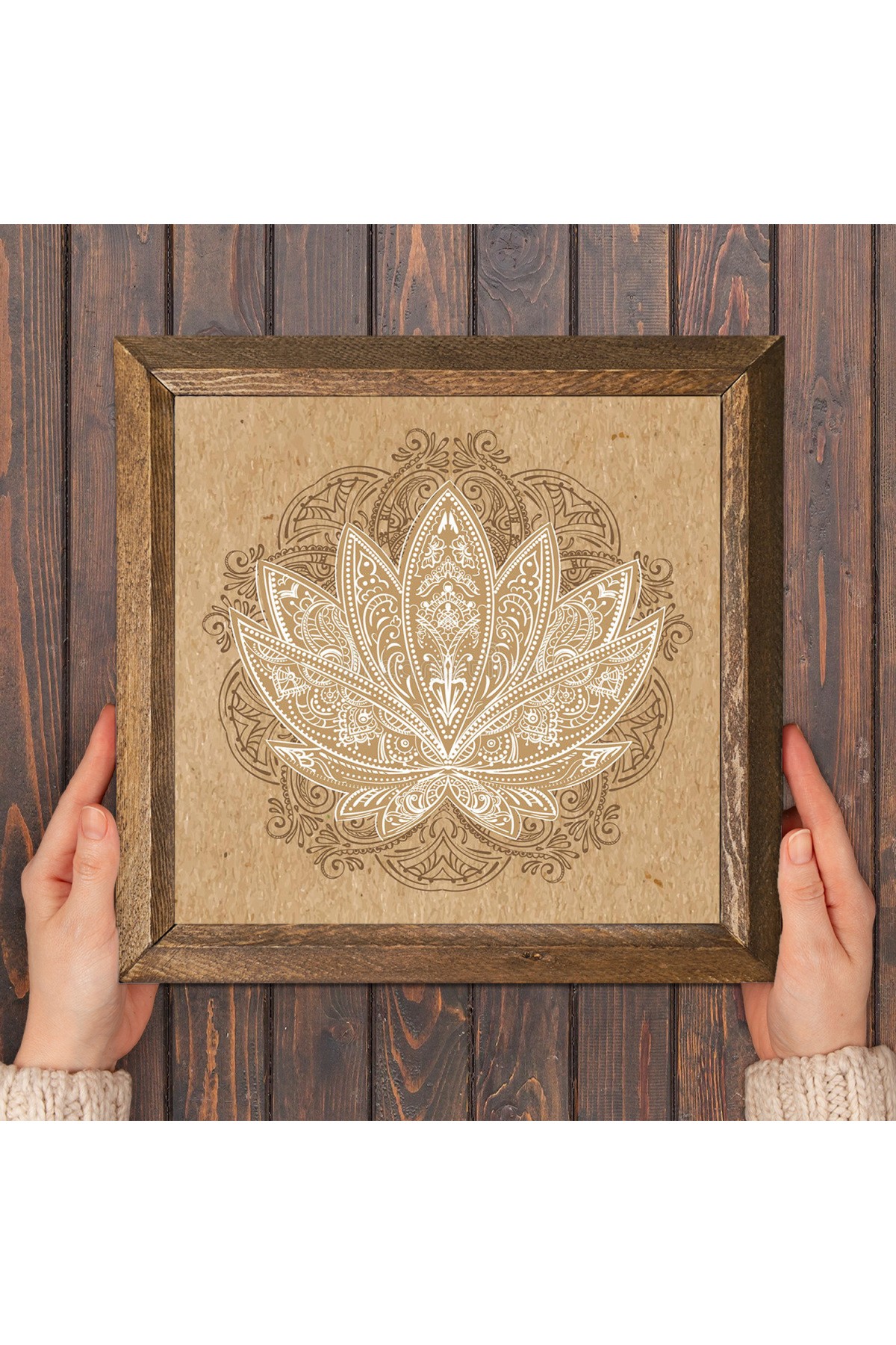 Lotus Çiçeği Taş Duvar Tablosu Ahşap Çerçeveli Duvar Dekoru Wall Art 25x25cm