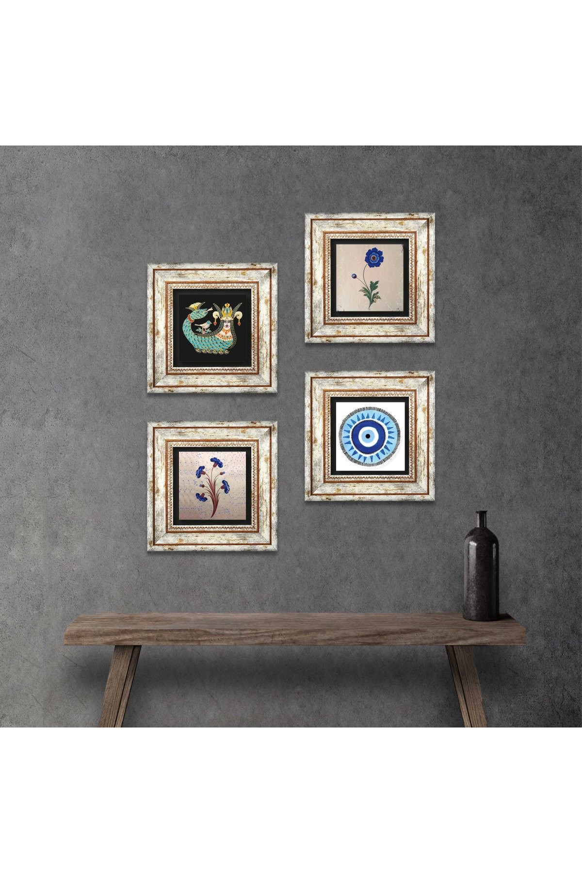 Evil Eye, Marbling Art, Sahmeran Stone Wall Painting Framed Wall Decoration 4 Piece Painting Set Wall Art