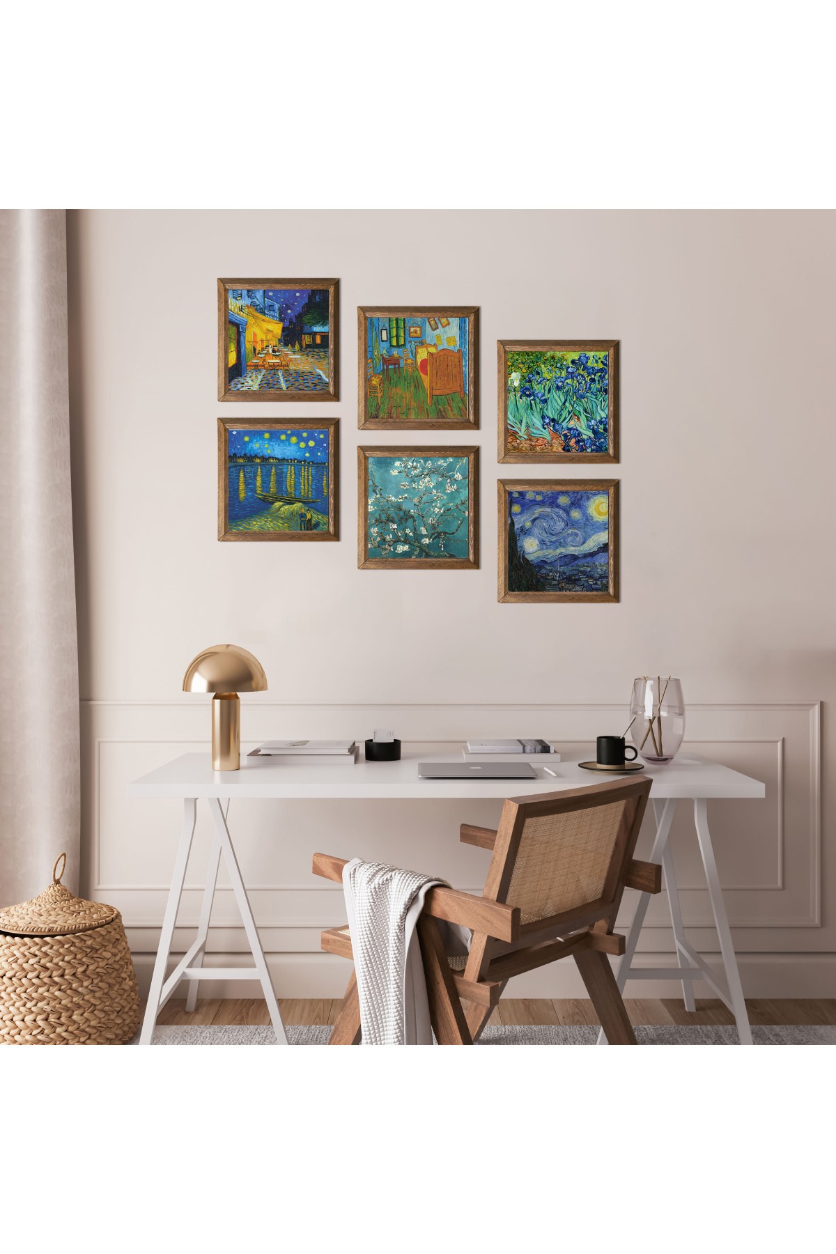 Van Gogh Taş Duvar Tablosu Ahşap Çerçeveli Duvar Dekoru 6 Parça Tablo Seti Wall Art