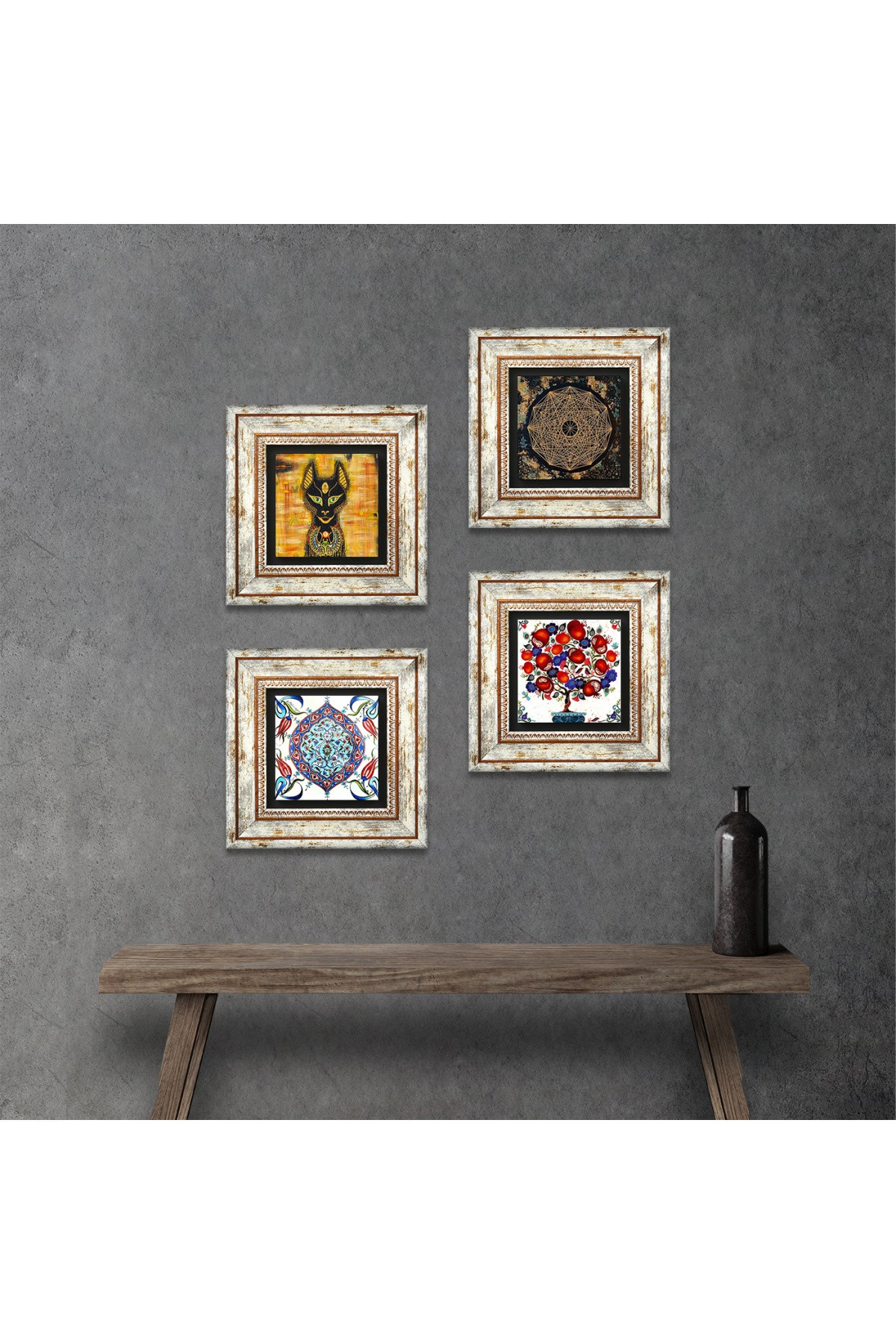 Sri Yantra, Antik Mısır, Çini Sanatı, Nar Ağacı Taş Duvar Tablosu Çerçeveli Duvar Dekoru 4 Parça Tablo Seti Wall Art