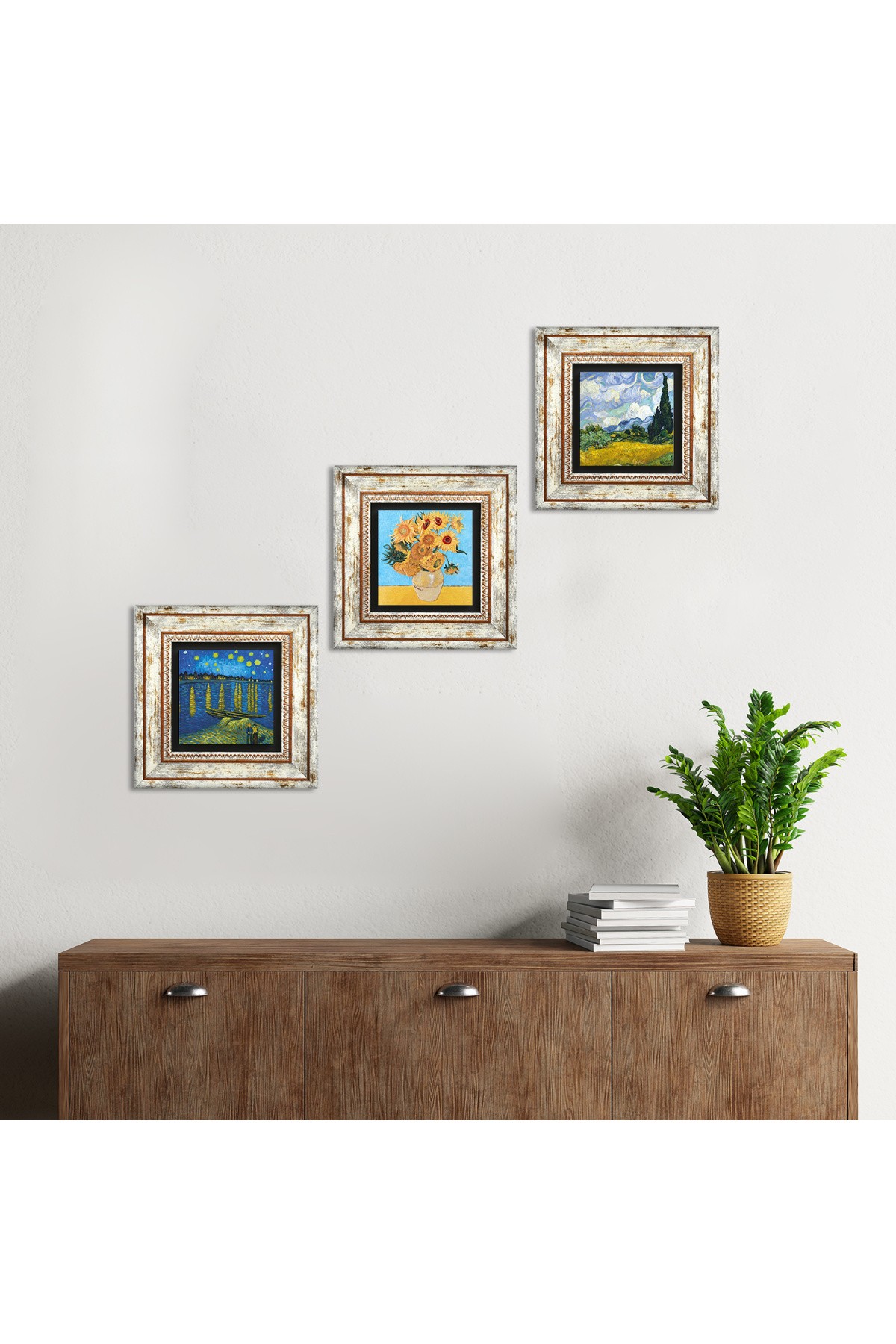 Van Gogh Taş Duvar Tablosu Çerçeveli Duvar Dekoru 3 Parça Tablo Seti Wall Art