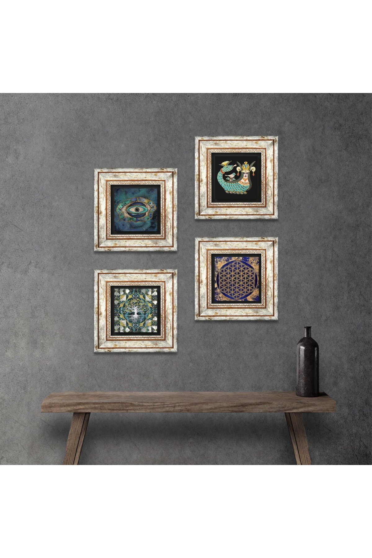 Tree of Life, Evil Eye, Flower of Life, Shahmaran Stone Wall Painting Framed Wall Decor 4 Piece Painting Set Wall Art