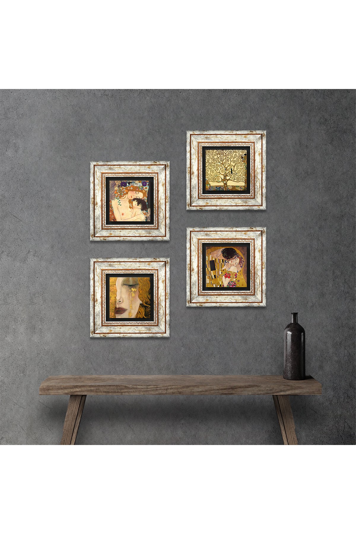 Gustav Klimt Golden Tears, Mother Child, Kiss, Tree of Life Stone Wall Painting Framed Wall Decor 4 Piece Painting Set Wall Art