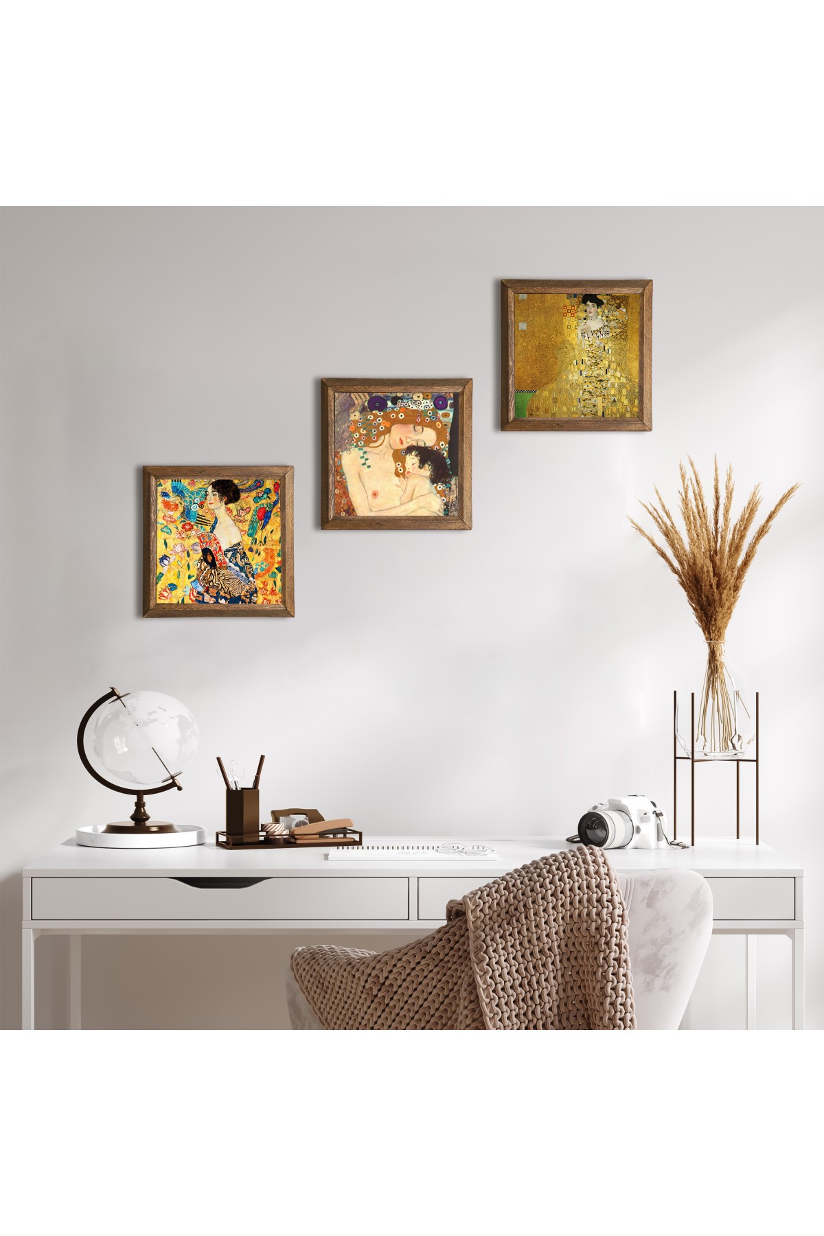 Gustav Klimt Stone Wall Painting Wooden Framed Wall Decor 3 Piece Painting Set Wall Art