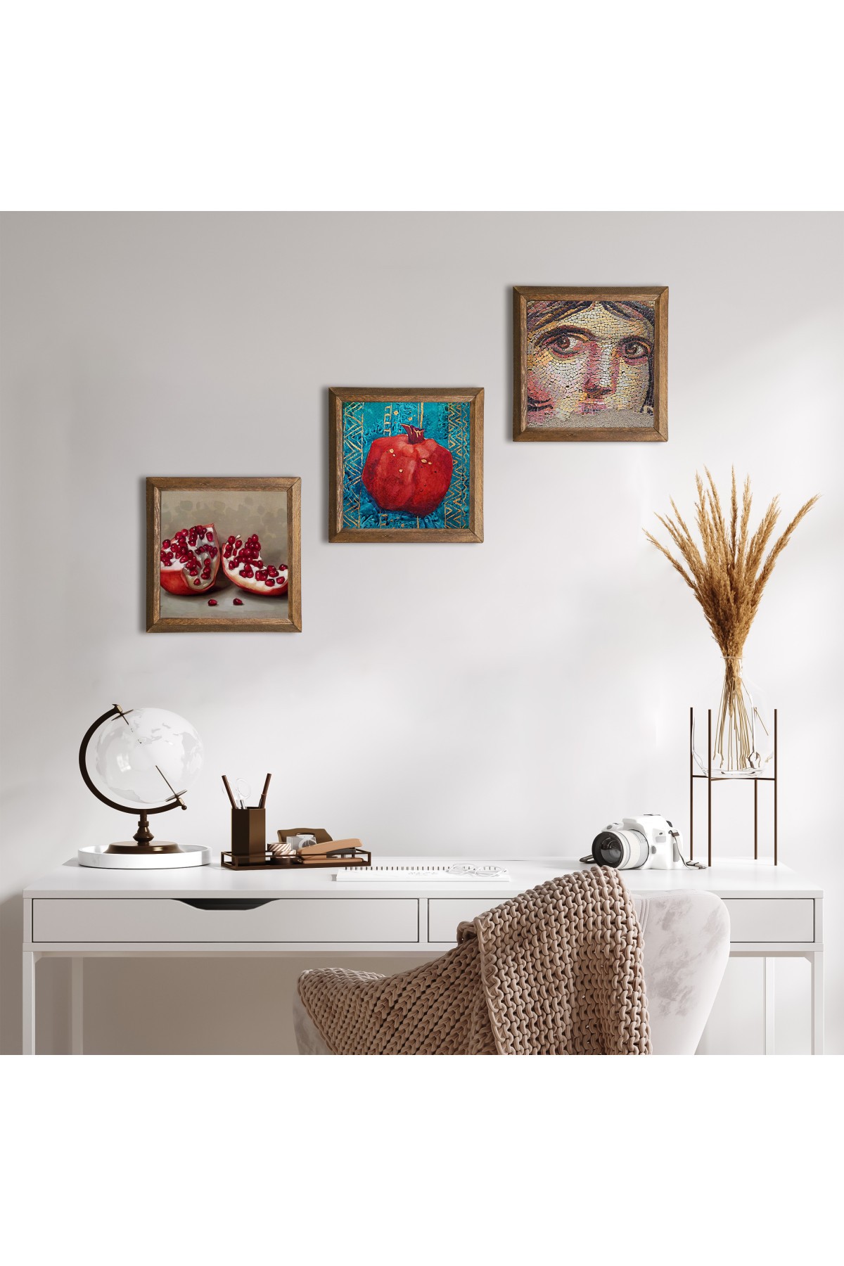 Çingene Kızı Mozaiği, Nar Taş Duvar Tablosu Ahşap Çerçeveli Duvar Dekoru 3 Parça Tablo Seti Wall Art