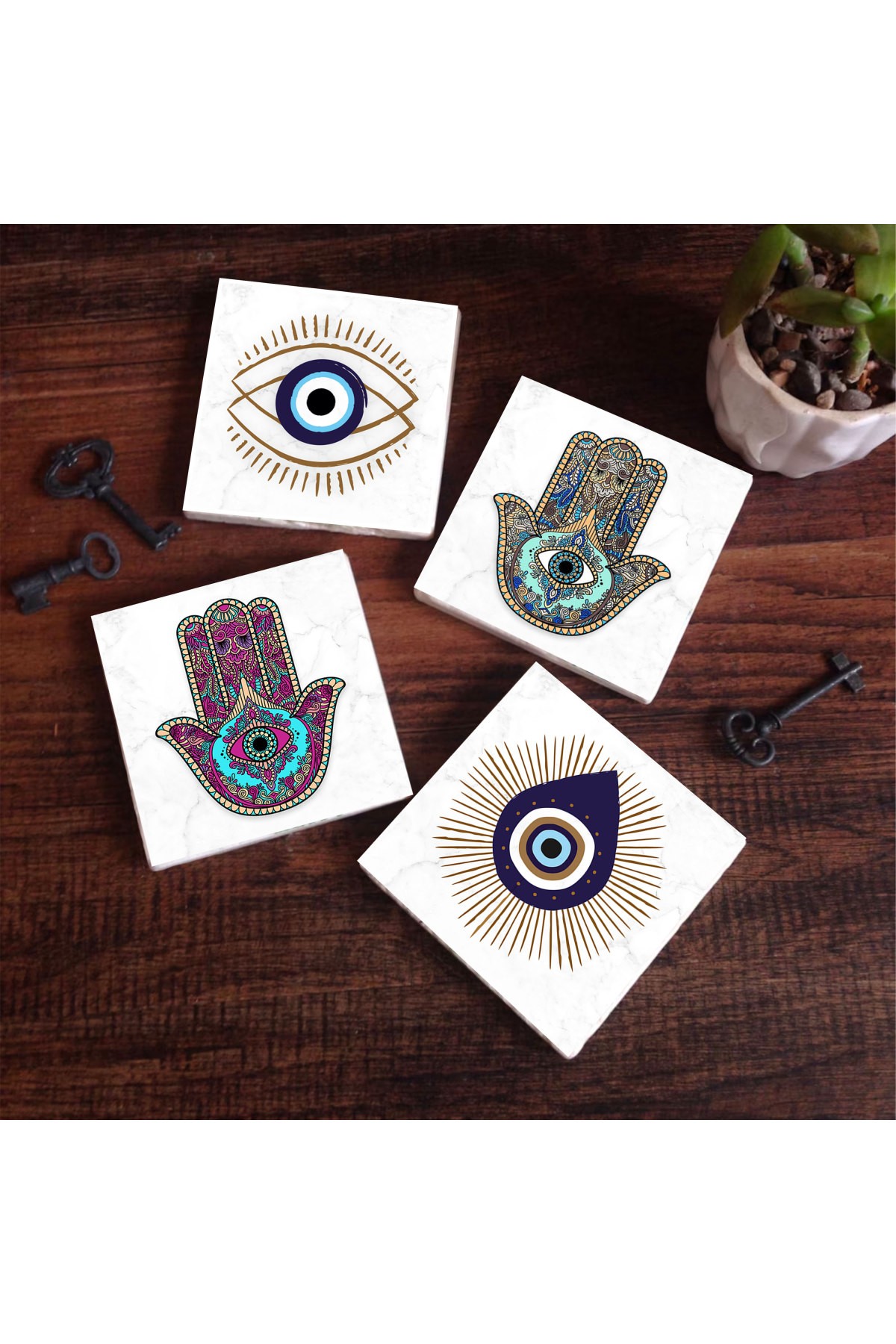 Evil Eye, Mother of Fatima Hand (Hamsa) Stone Coasters Desktop Protective Coasters 4 Piece Set 10x10cm Stone Coasters