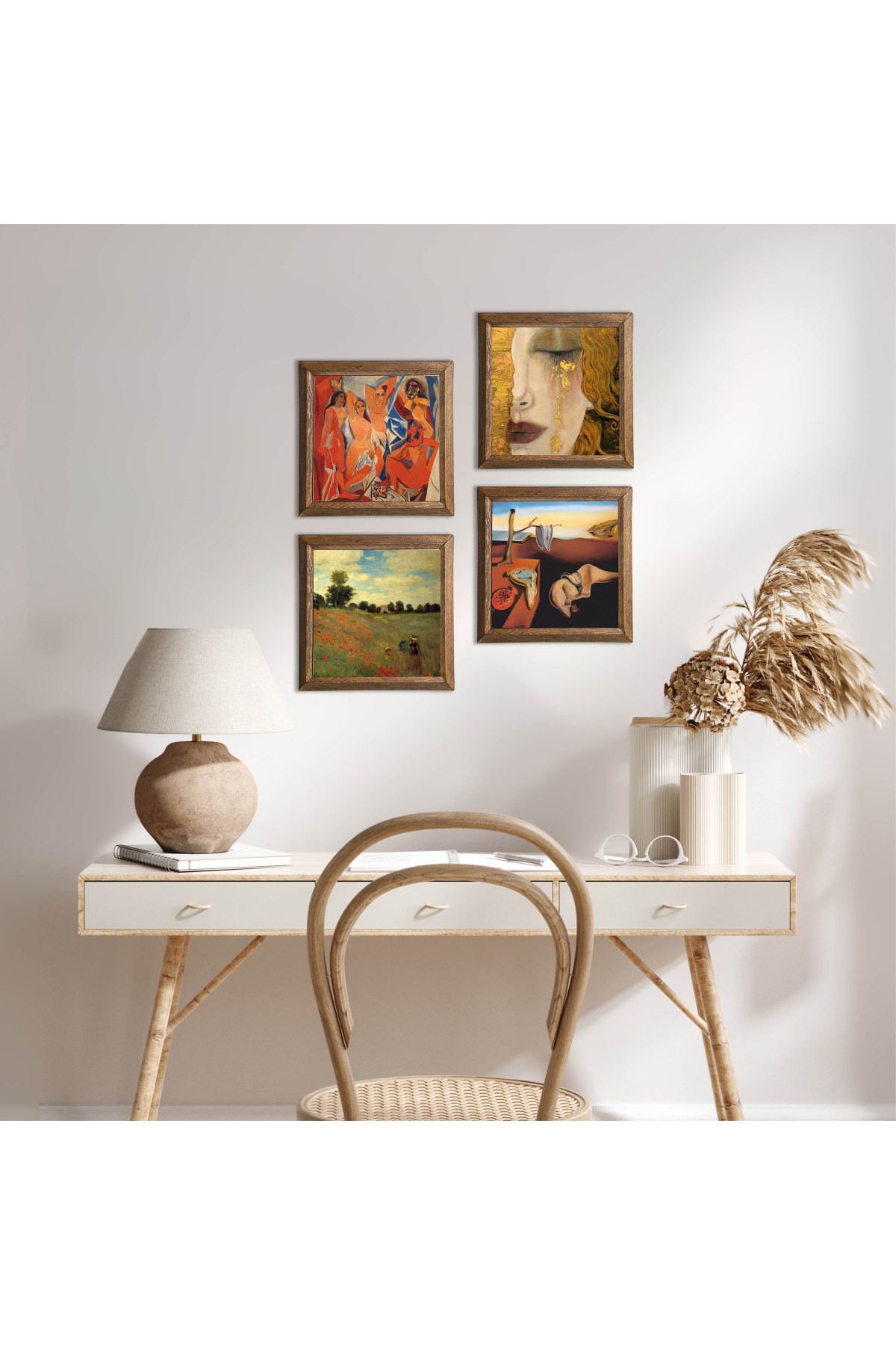 Salvador Dalí, Picasso, Claude Monet, Gustav Klimt Stone Wall Painting Wood Framed Wall Decor 4 Piece Painting Set Wall Art