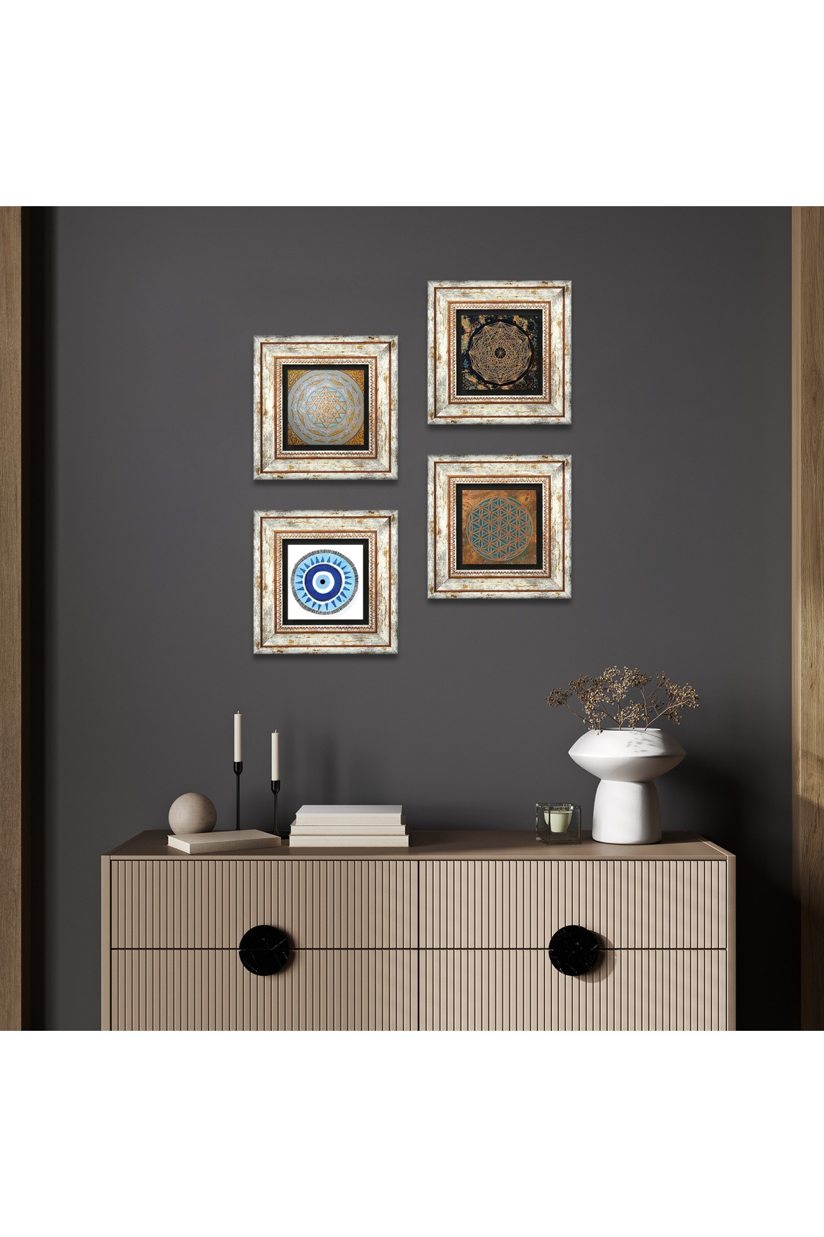 Yaşam Çiçeği, Nazar, Sri Yantra Taş Duvar Tablosu Çerçeveli Duvar Dekoru 4 Parça Tablo Seti Wall Art