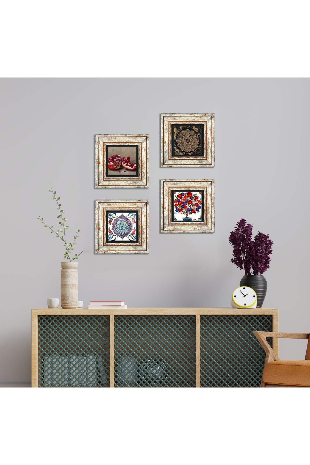 Sri Yantra, Çini Sanatı, Nar, Nar Ağacı Taş Duvar Tablosu Çerçeveli Duvar Dekoru 4 Parça Tablo Seti Wall Art