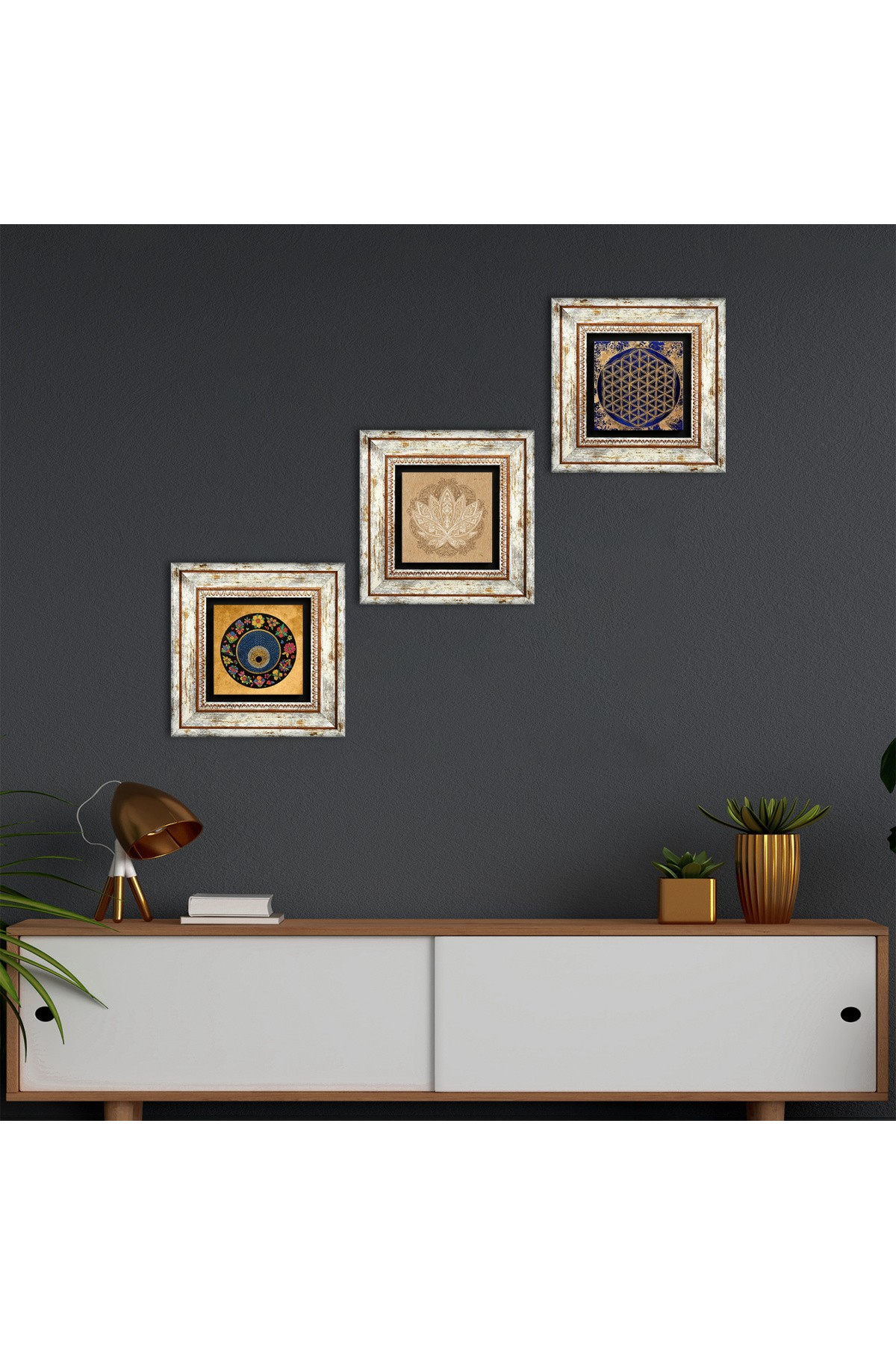 Lotus Çiçeği, Yaşam Çiçeği, Nazar Taş Duvar Tablosu Çerçeveli Duvar Dekoru 3 Parça Tablo Seti Wall Art