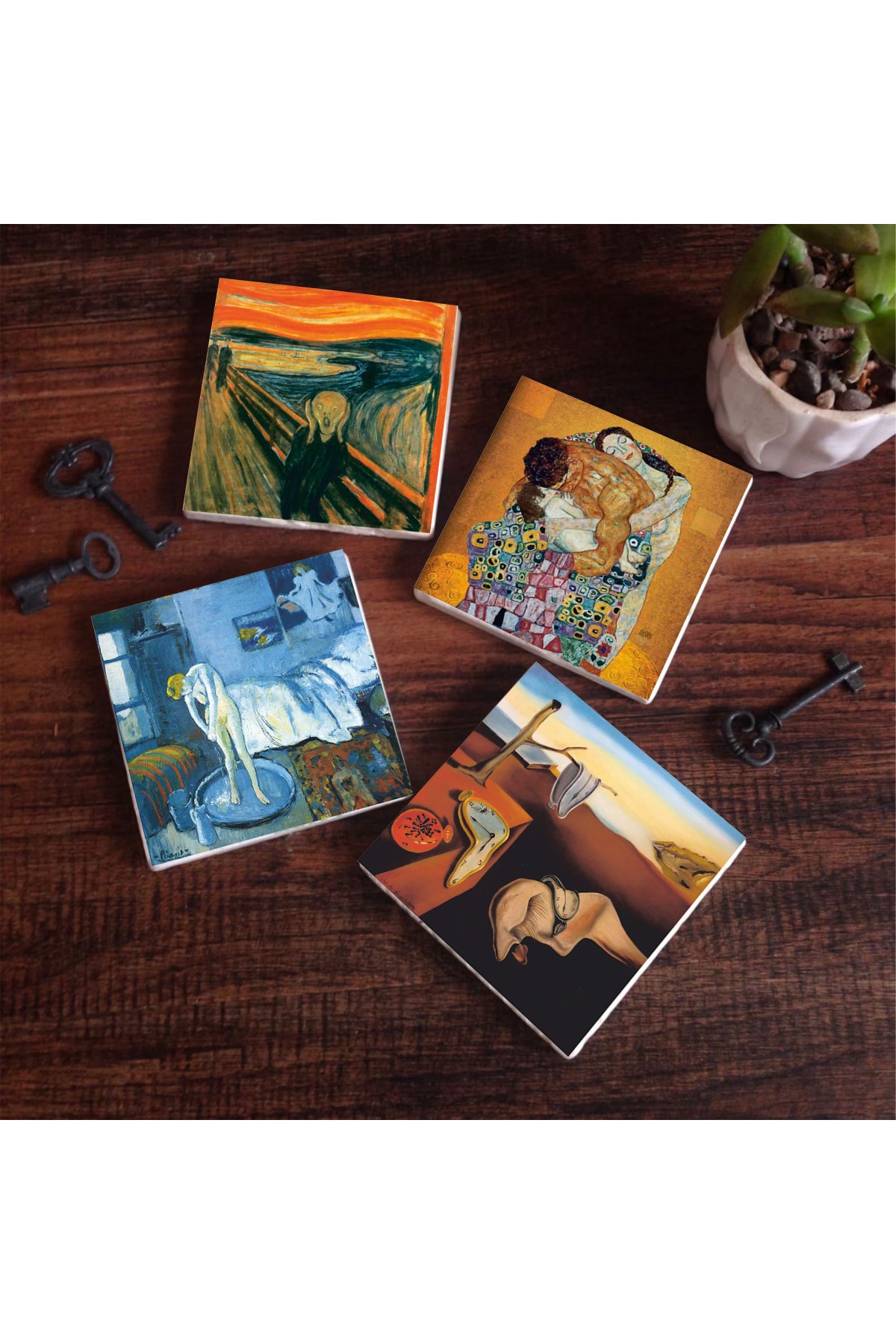 Dalí The Persistence of Memory, Picasso The Blue Room, The Scream, Gustav Klimt Family Embrace Stone Coasters Desktop Protective Coasters 4 Piece Set 10x10cm Stone Coasters