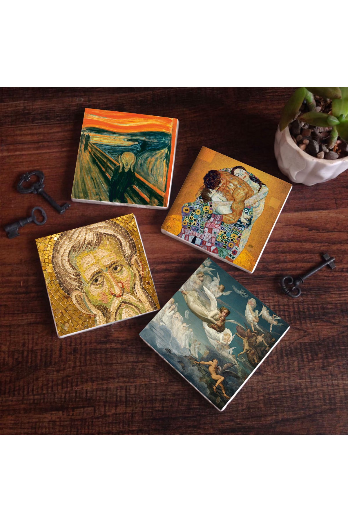 Çığlık, Mozaik Serisi, Gustav Klimt Aile Kucaklama, Ruhların Geçişi Louis Janmot Taş Bardak Altlığı Masaüstü Koruyucu Altlık 4 Parça Set 10x10cm Stone Coasters