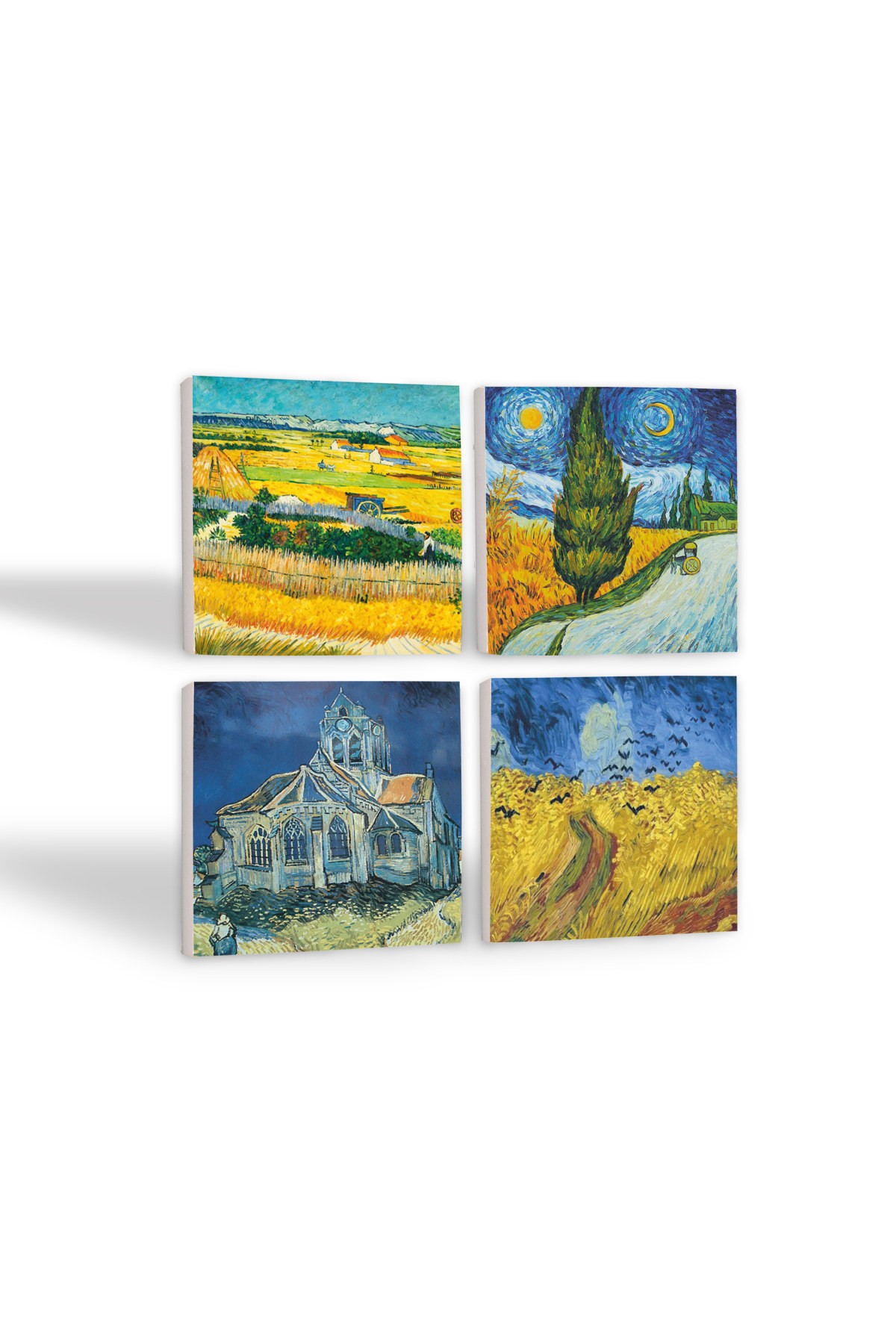 Van Gogh Hasat Manzarası, Yıldızlı Yol, Buğday Tarlası ve Kargalar, Kilise Taş Bardak Altlığı Masaüstü Koruyucu Altlık 4 Parça Set 10x10cm Stone Coasters