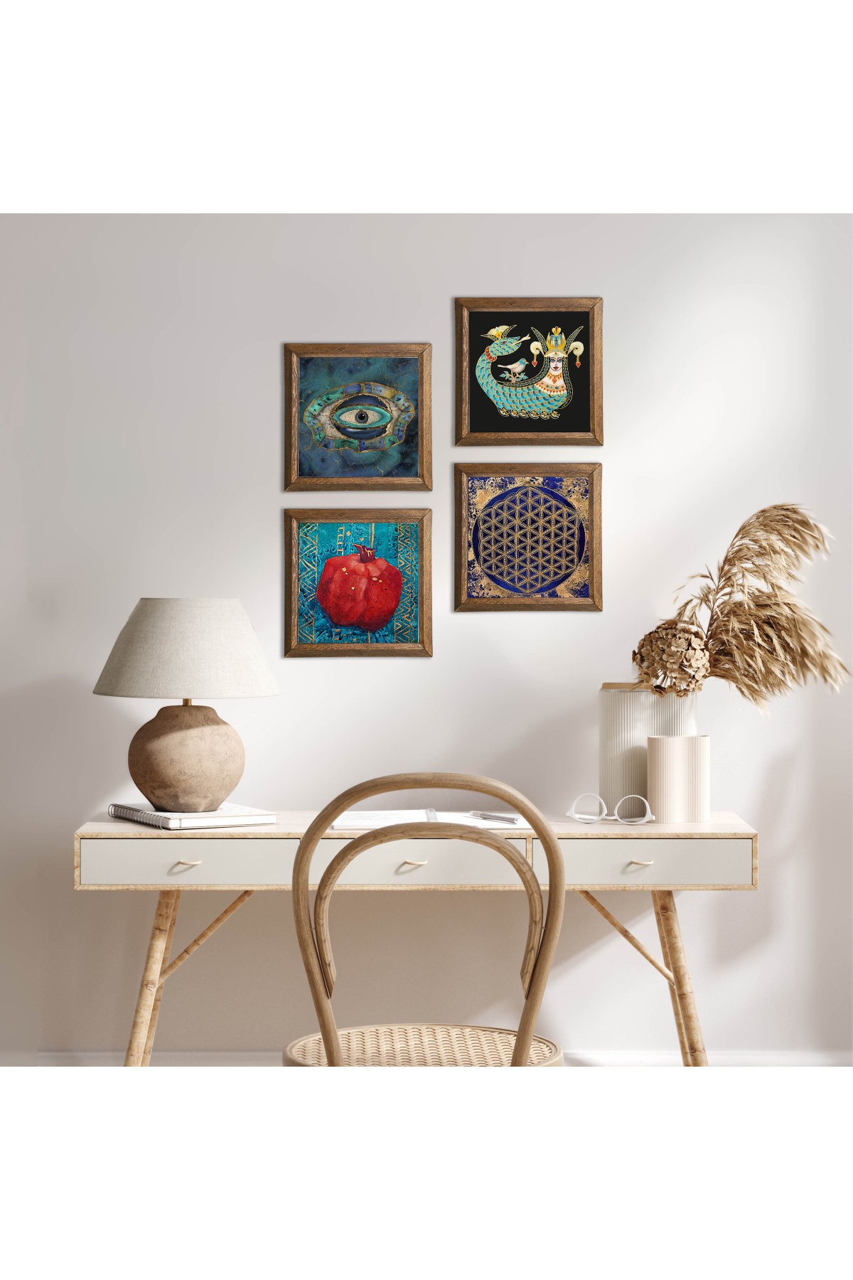 Evil Eye, Flower of Life, Shahmaran, Pomegranate Stone Wall Painting Wooden Framed Wall Decor 4 Piece Painting Set Wall Art