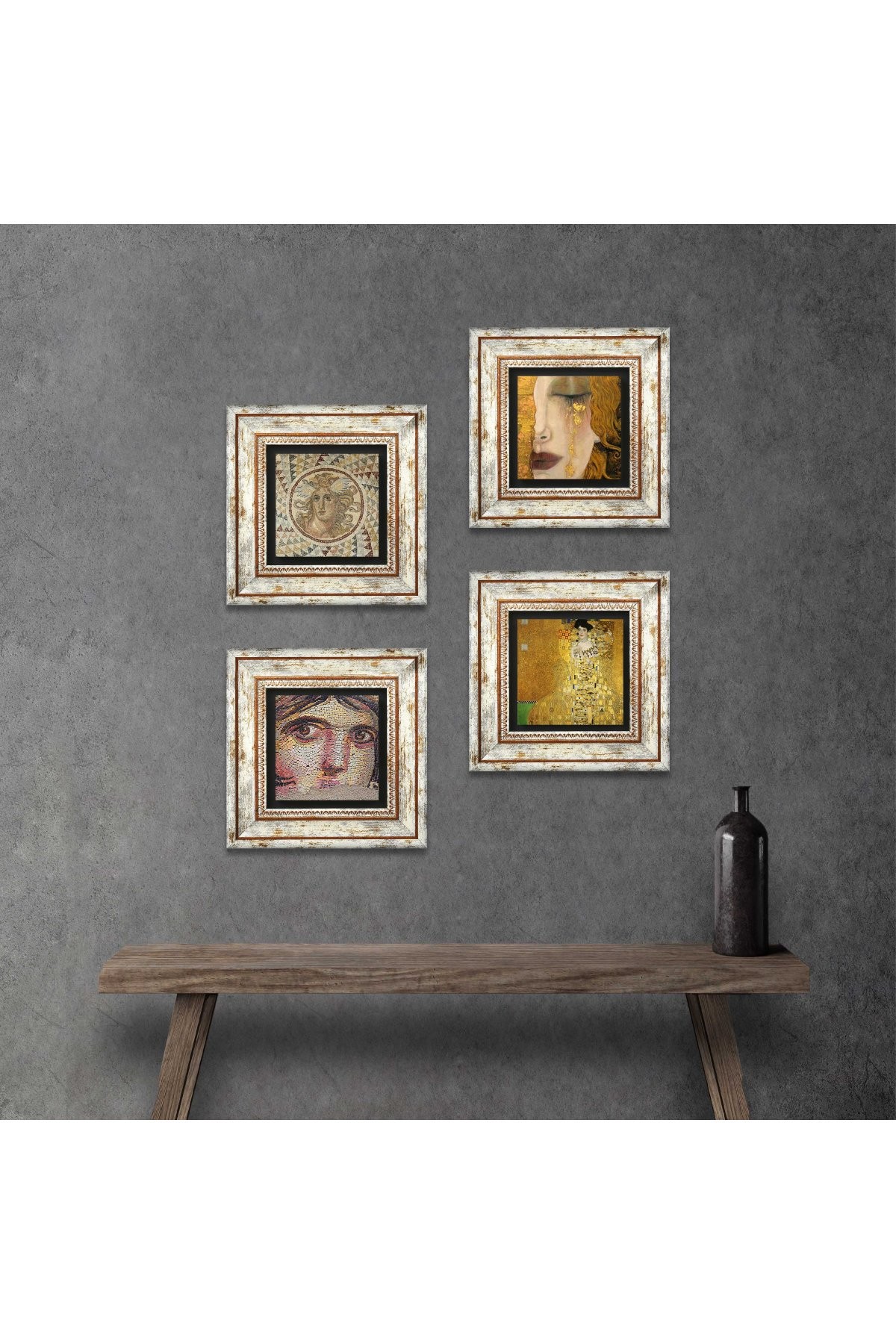 Gustav Klimt, Gypsy Girl, Mosaic Series Stone Wall Painting Framed Wall Decor 4 Piece Painting Set Wall Art