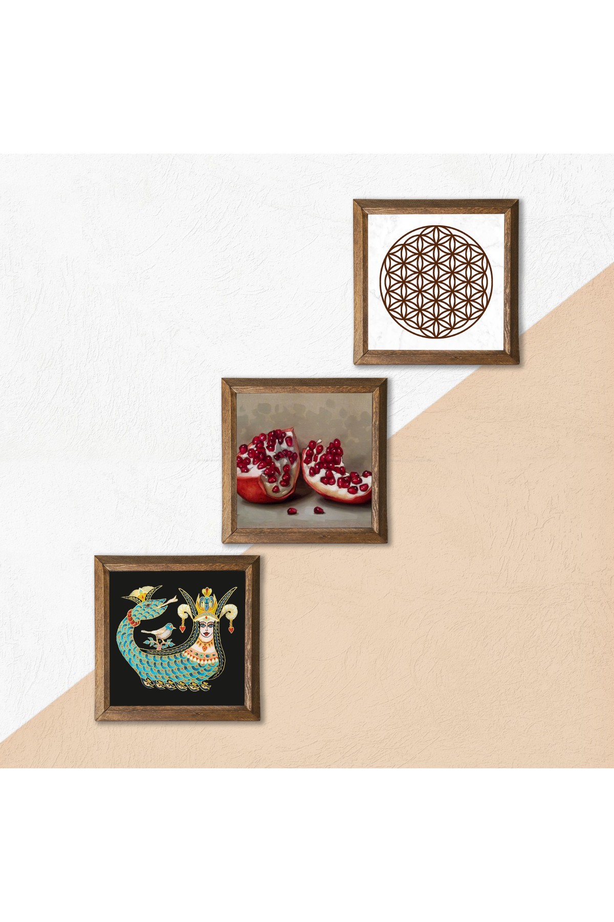 Flower of Life, Shahmaran, Pomegranate Stone Wall Painting Wooden Framed Wall Decor 3 Piece Painting Set Wall Art